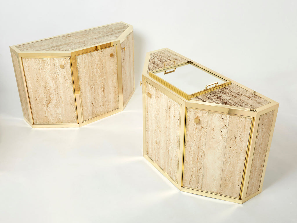 Pair of Alfredo Freda brass and travertine cabinets buffets 1975