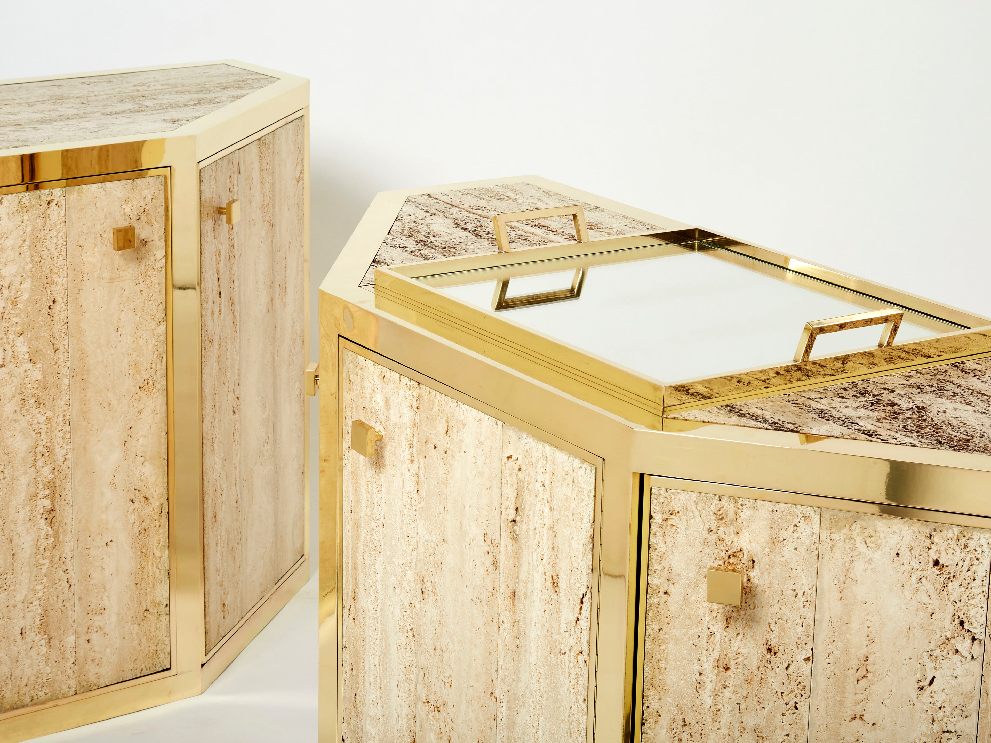 Pair of Alfredo Freda brass and travertine cabinets buffets 1975