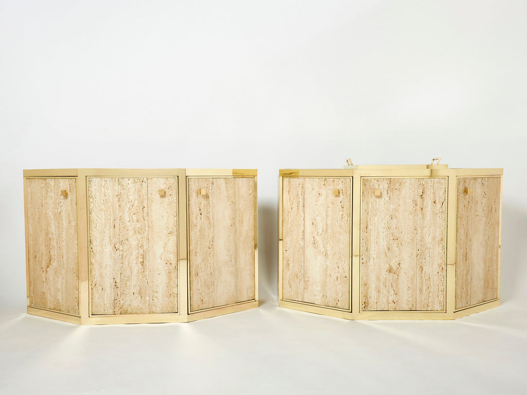 Pair of Alfredo Freda brass and travertine cabinets buffets 1975