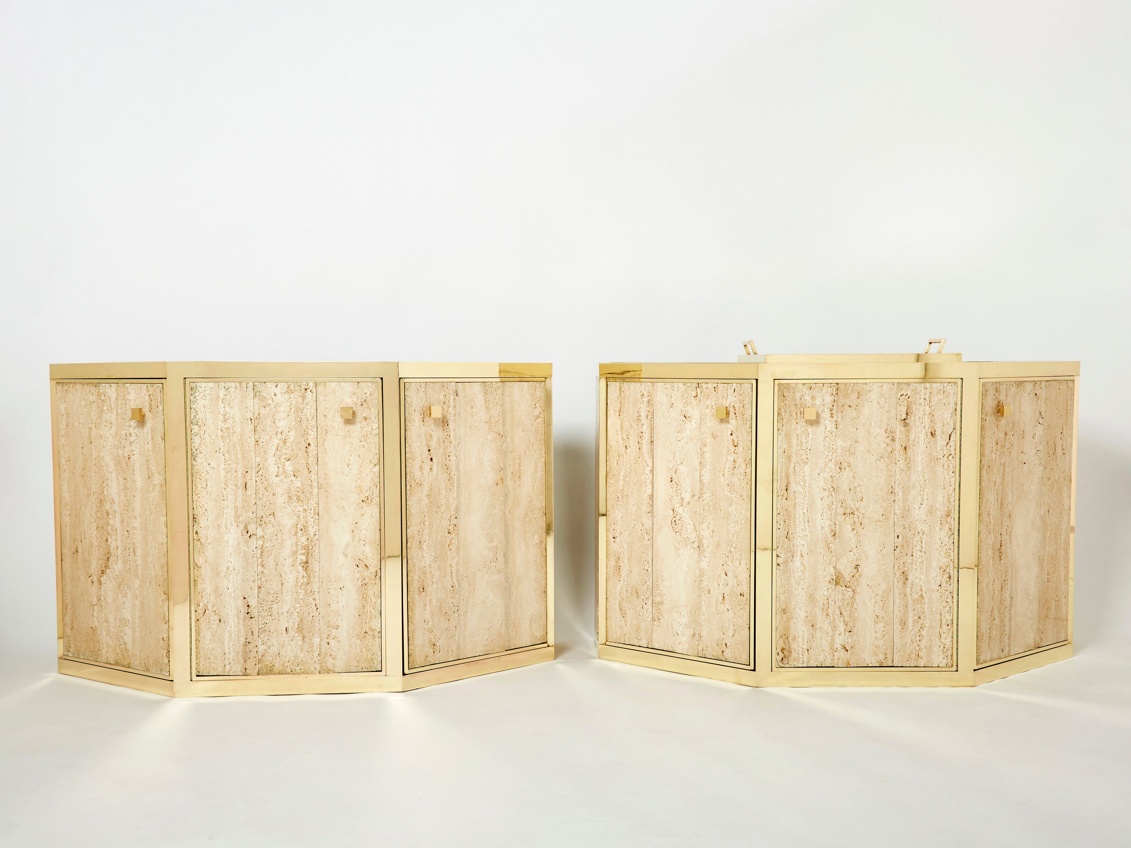 Pair of Alfredo Freda brass and travertine cabinets buffets 1975