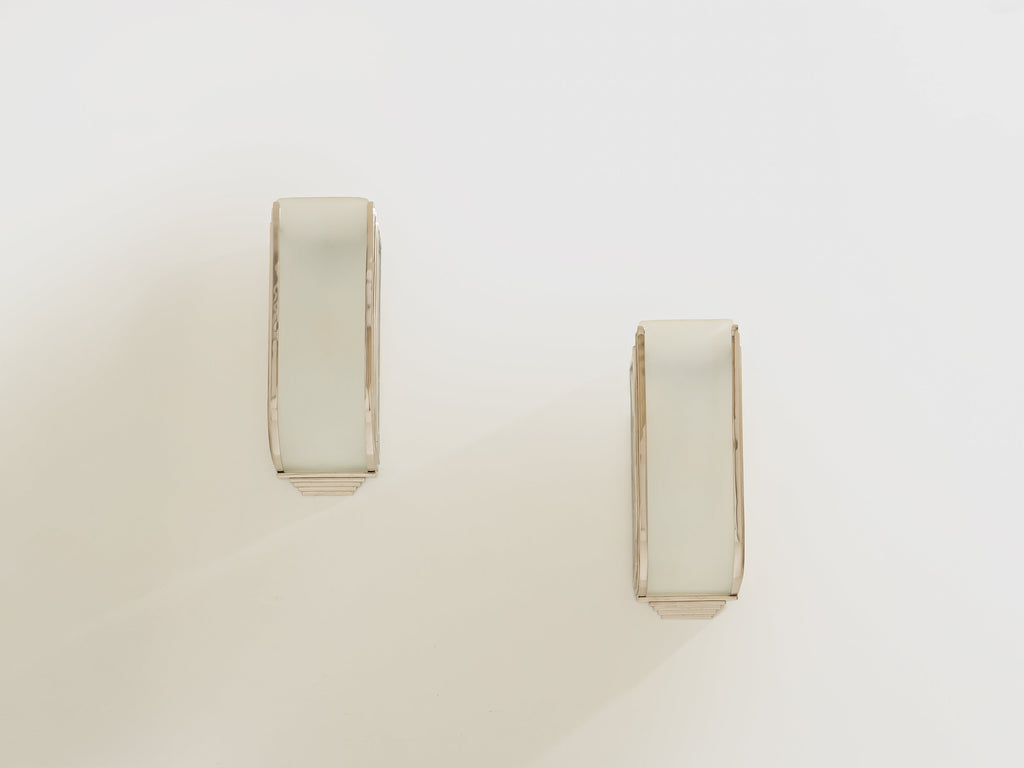 Pair of French Art Deco Modernist nickel steel opaline wall lights 1930