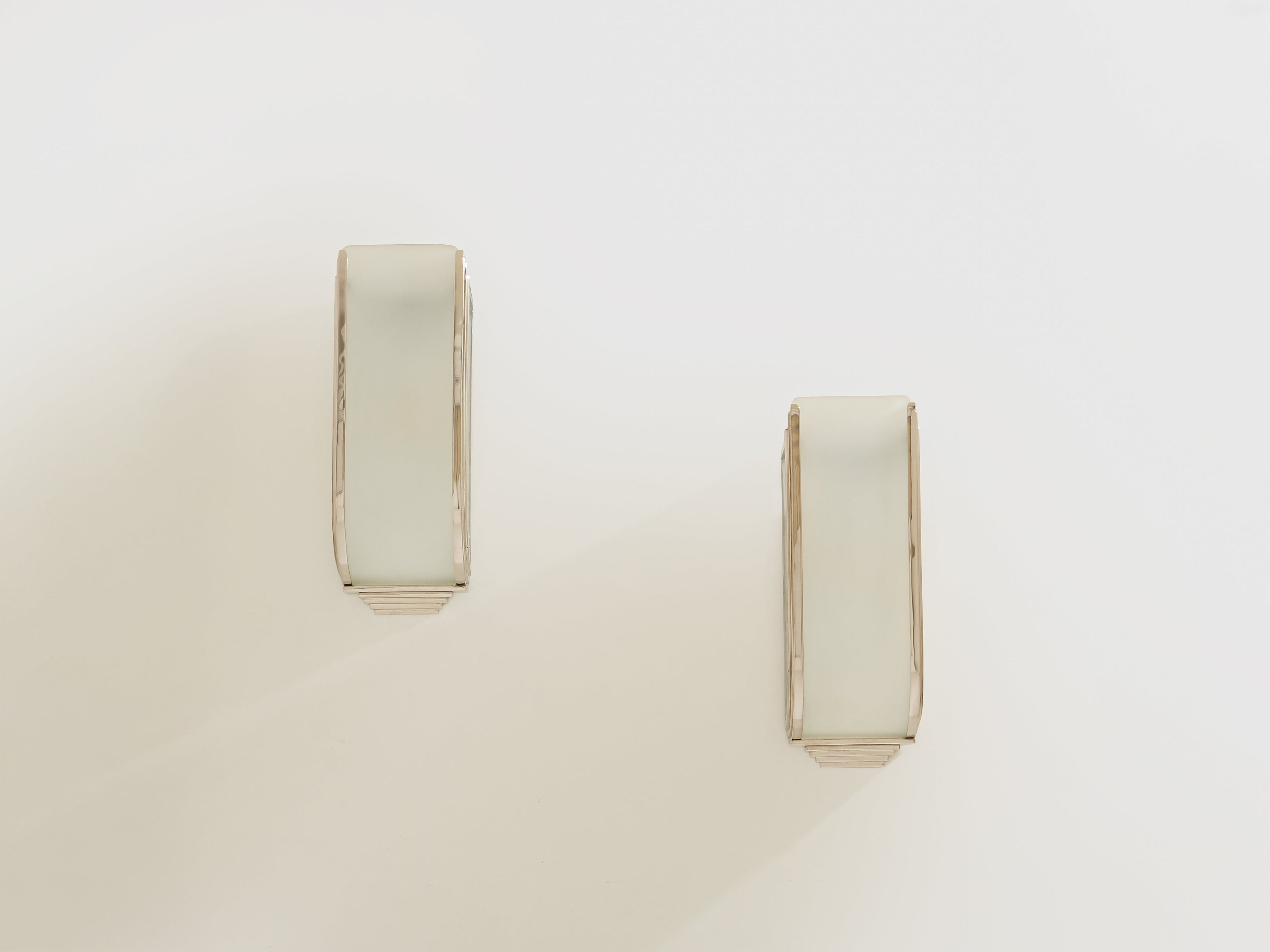 Pair of French Art Deco Modernist nickel steel opaline wall lights 1930