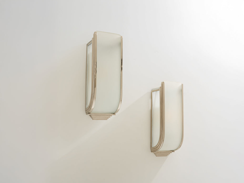 Pair of French Art Deco Modernist nickel steel opaline wall lights 1930