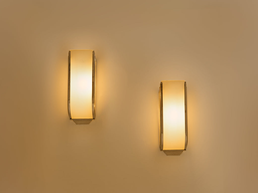 Pair of French Art Deco Modernist nickel steel opaline wall lights 1930