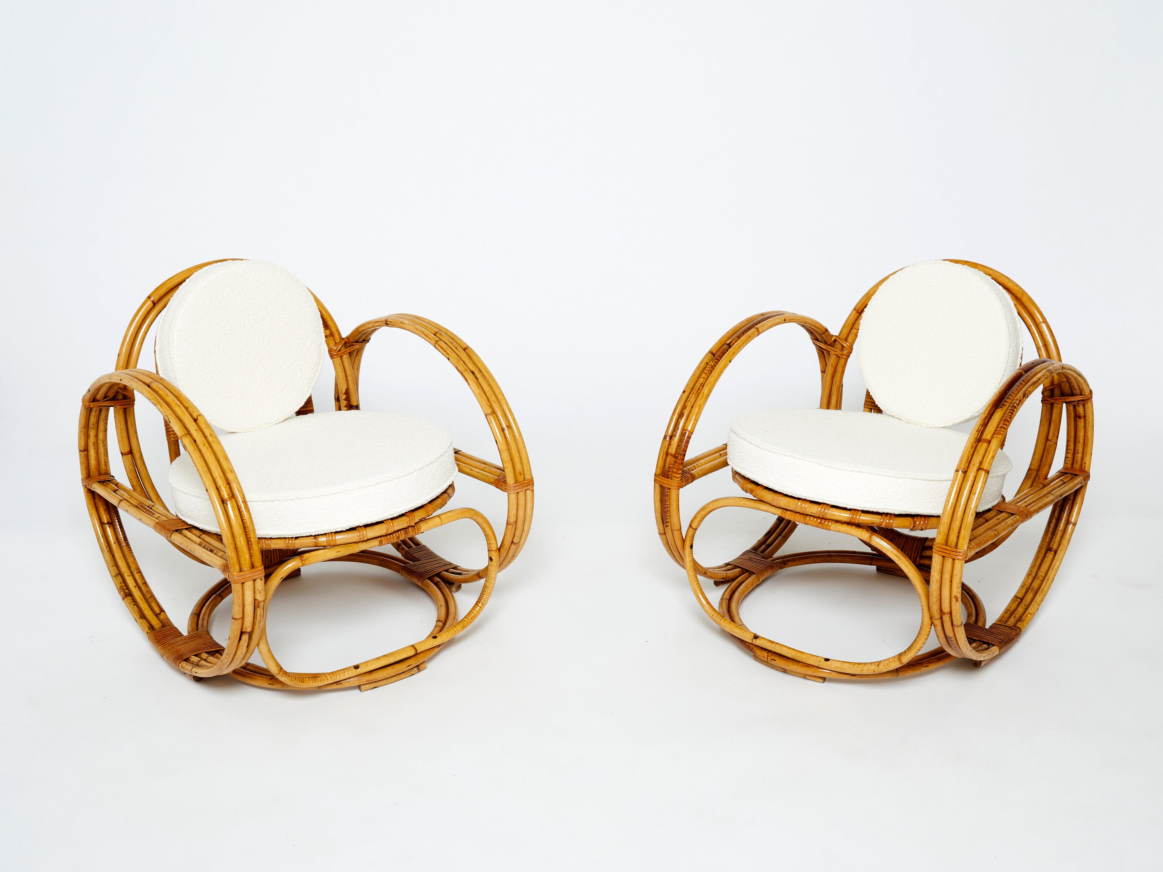 Pair of Italian bamboo armchairs with French bouclé fabric early 1960s