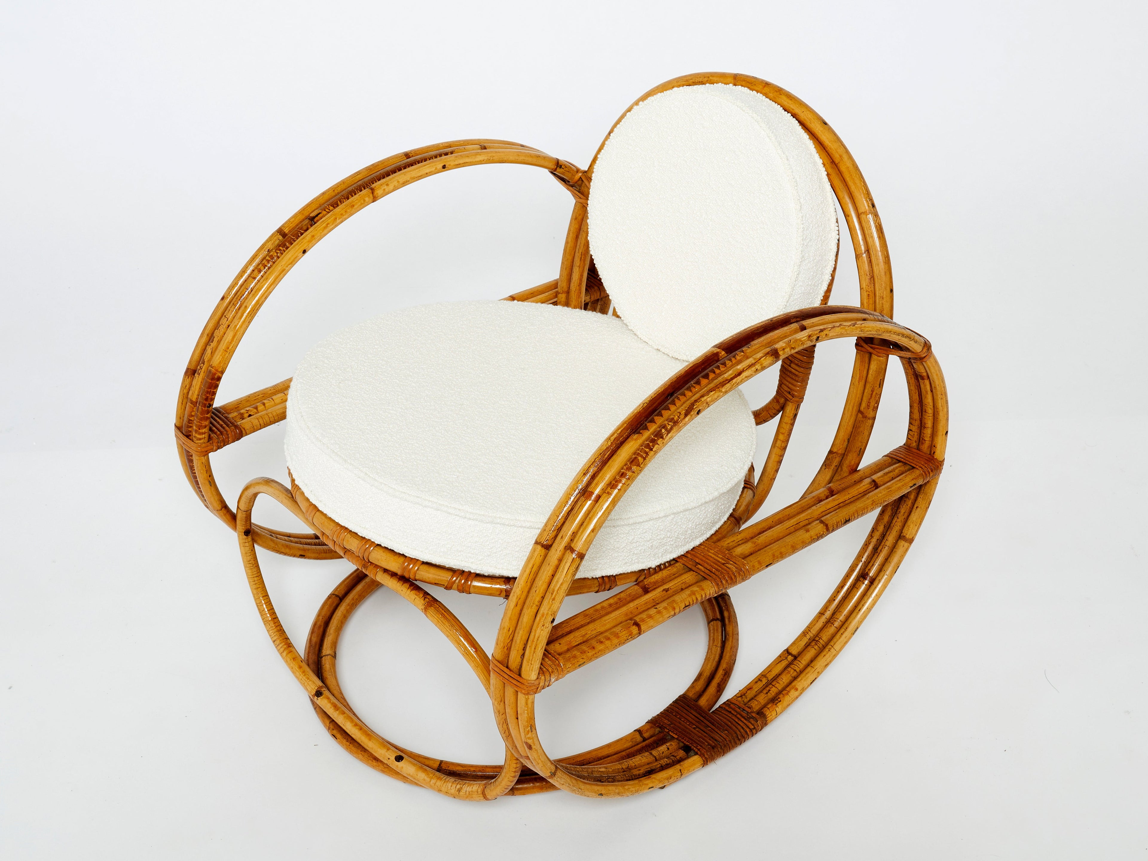 Pair of Italian bamboo armchairs with French bouclé fabric early 1960s