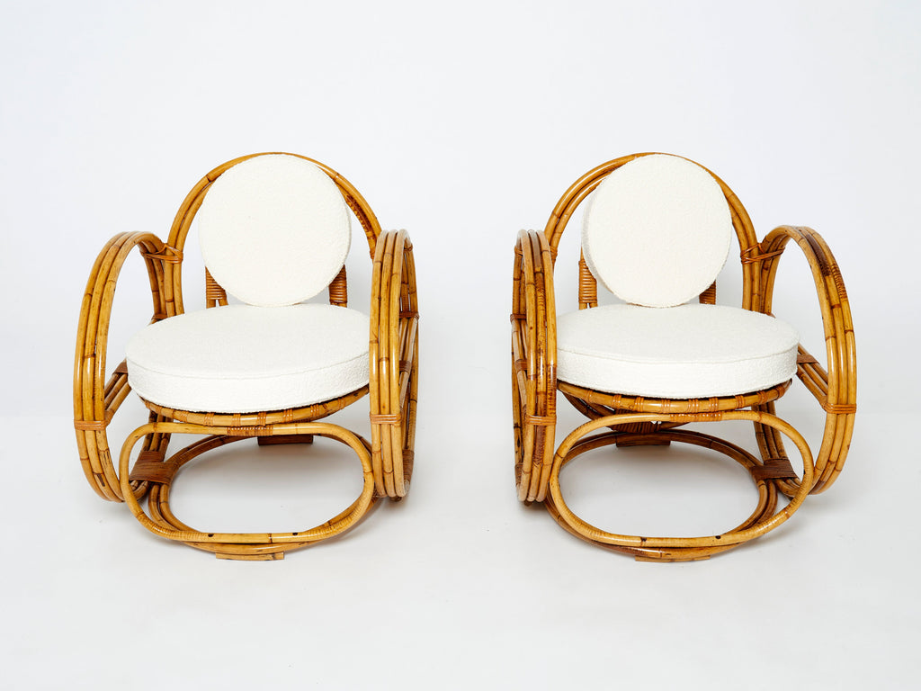 Pair of Italian bamboo armchairs with French bouclé fabric early 1960s