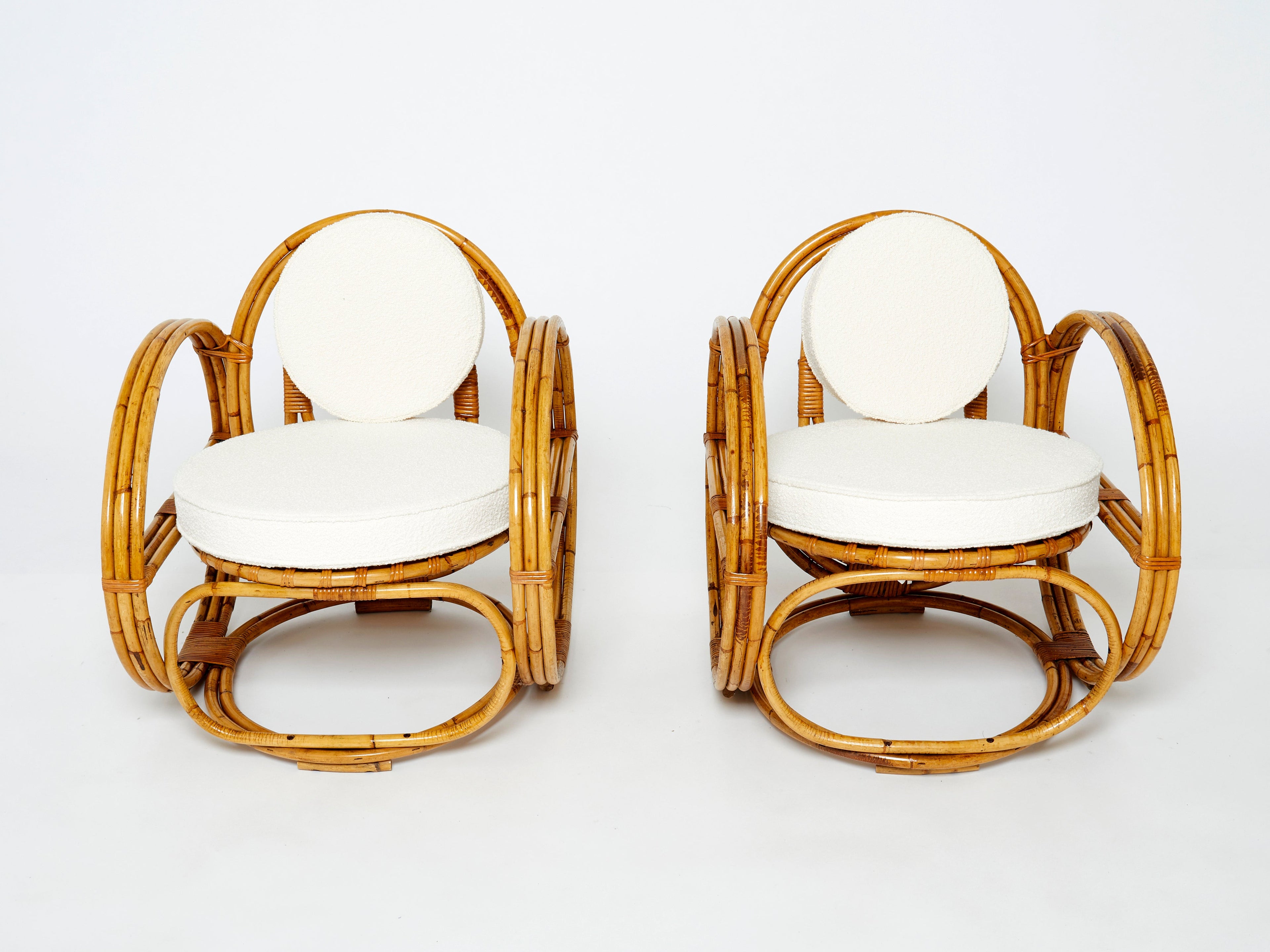 Pair of Italian bamboo armchairs with French bouclé fabric early 1960s