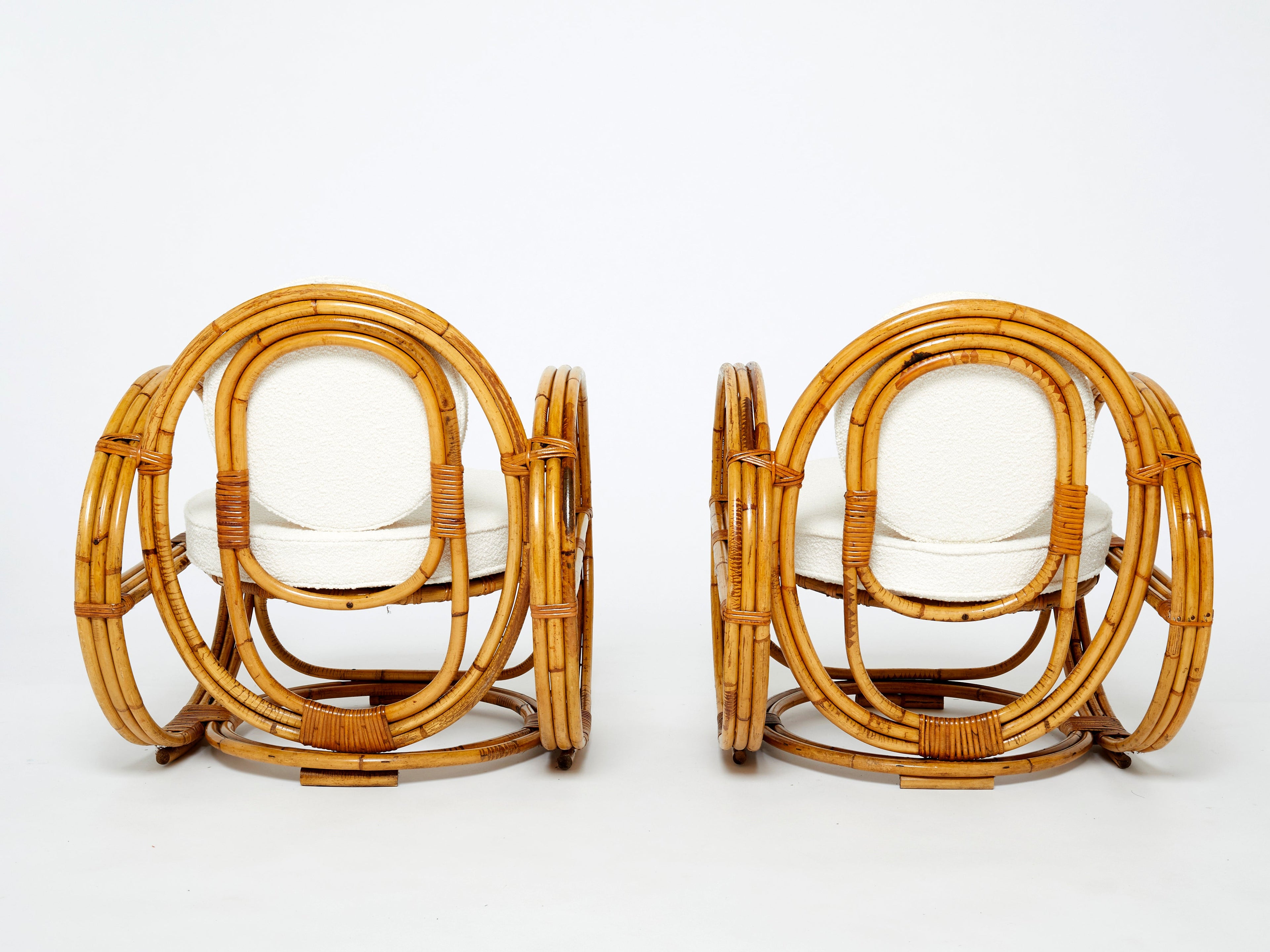 Pair of Italian bamboo armchairs with French bouclé fabric early 1960s