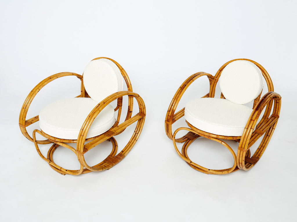 Pair of Italian bamboo armchairs with French bouclé fabric early 1960s