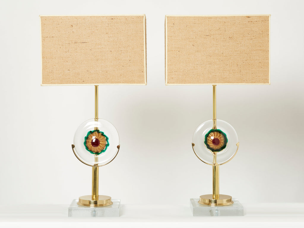 Pair of Italian murano glass brass rattan table lamps 1970s