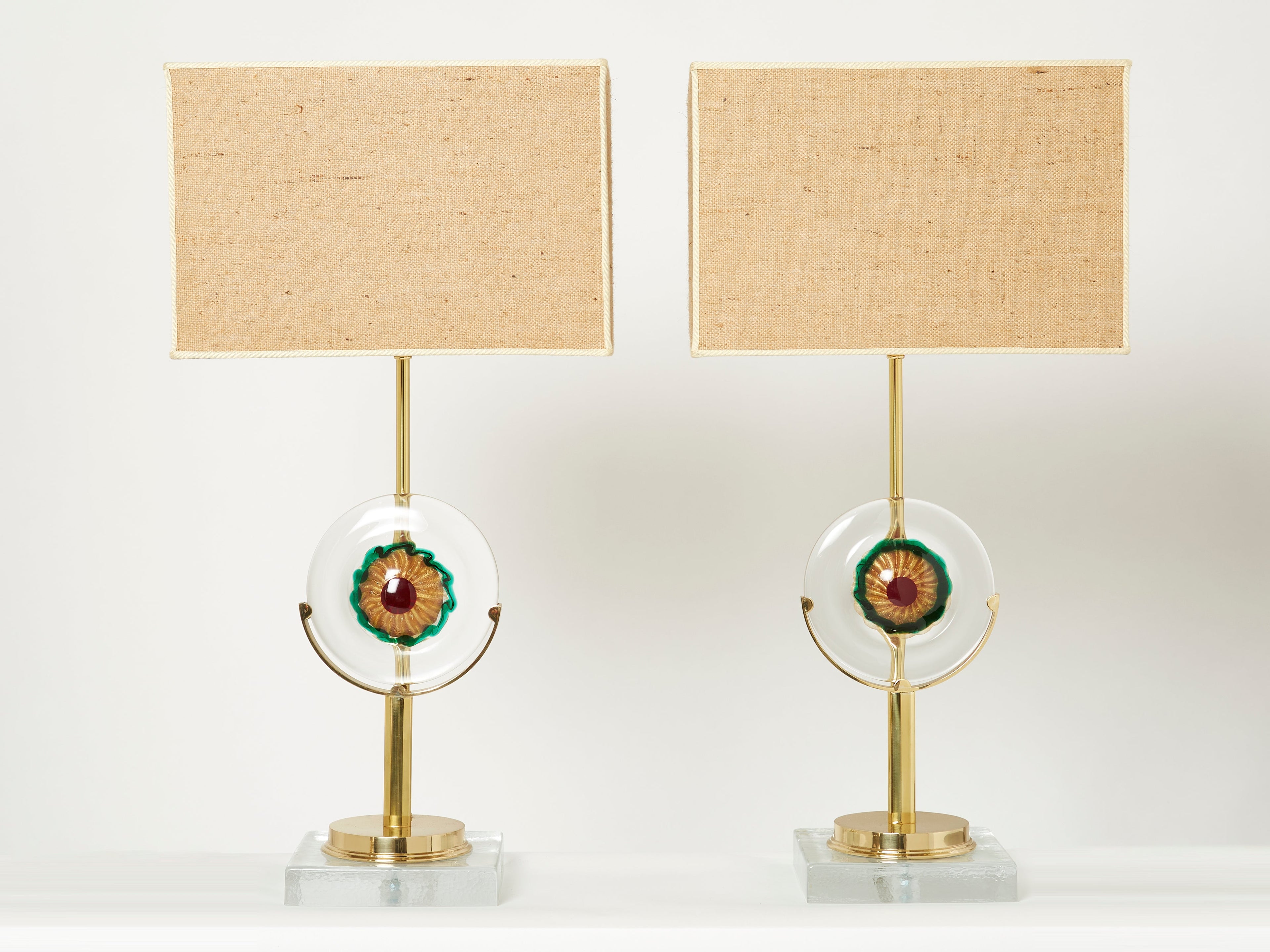 Pair of Italian murano glass brass rattan table lamps 1970s