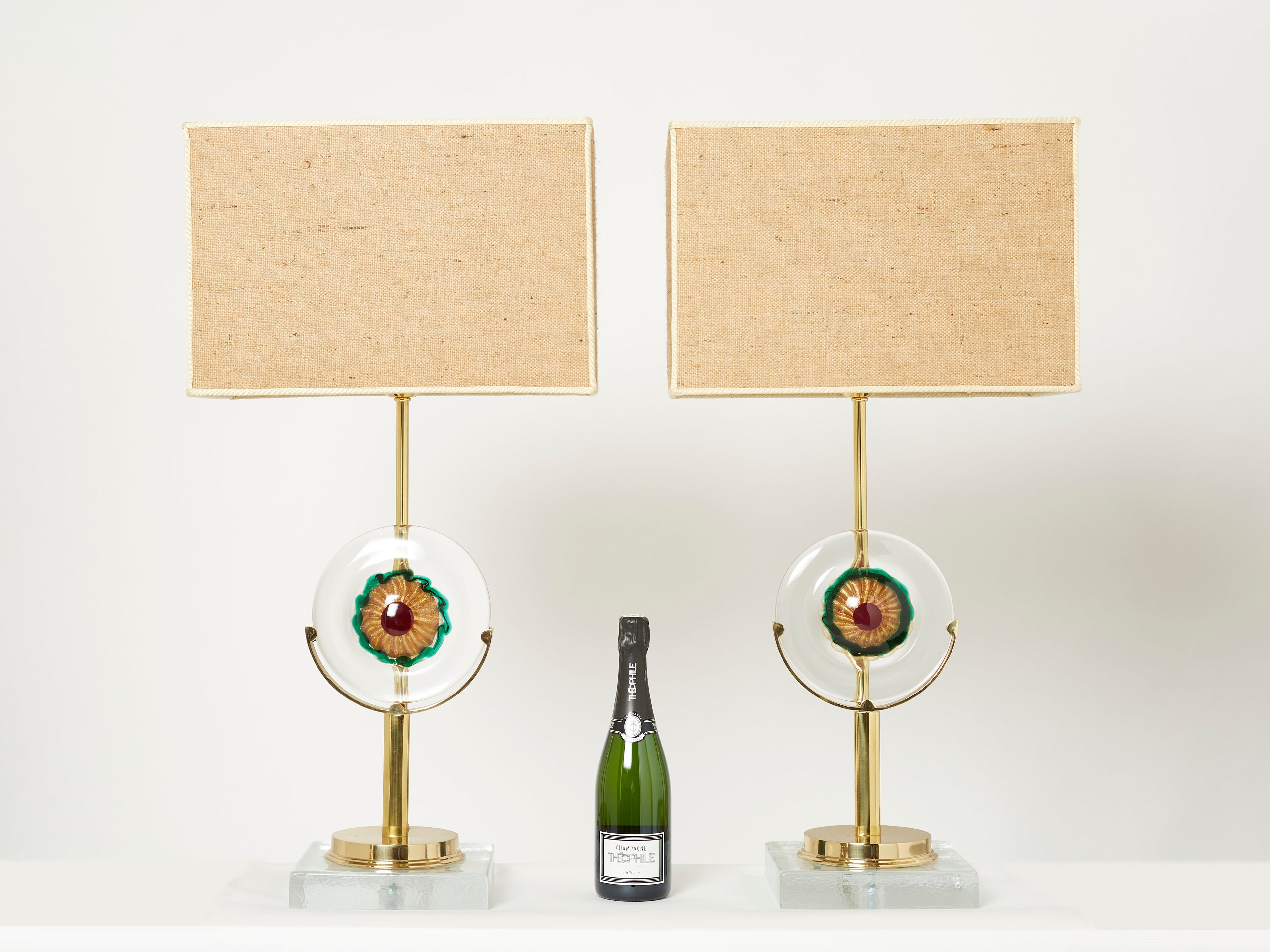 Pair of Italian murano glass brass rattan table lamps 1970s