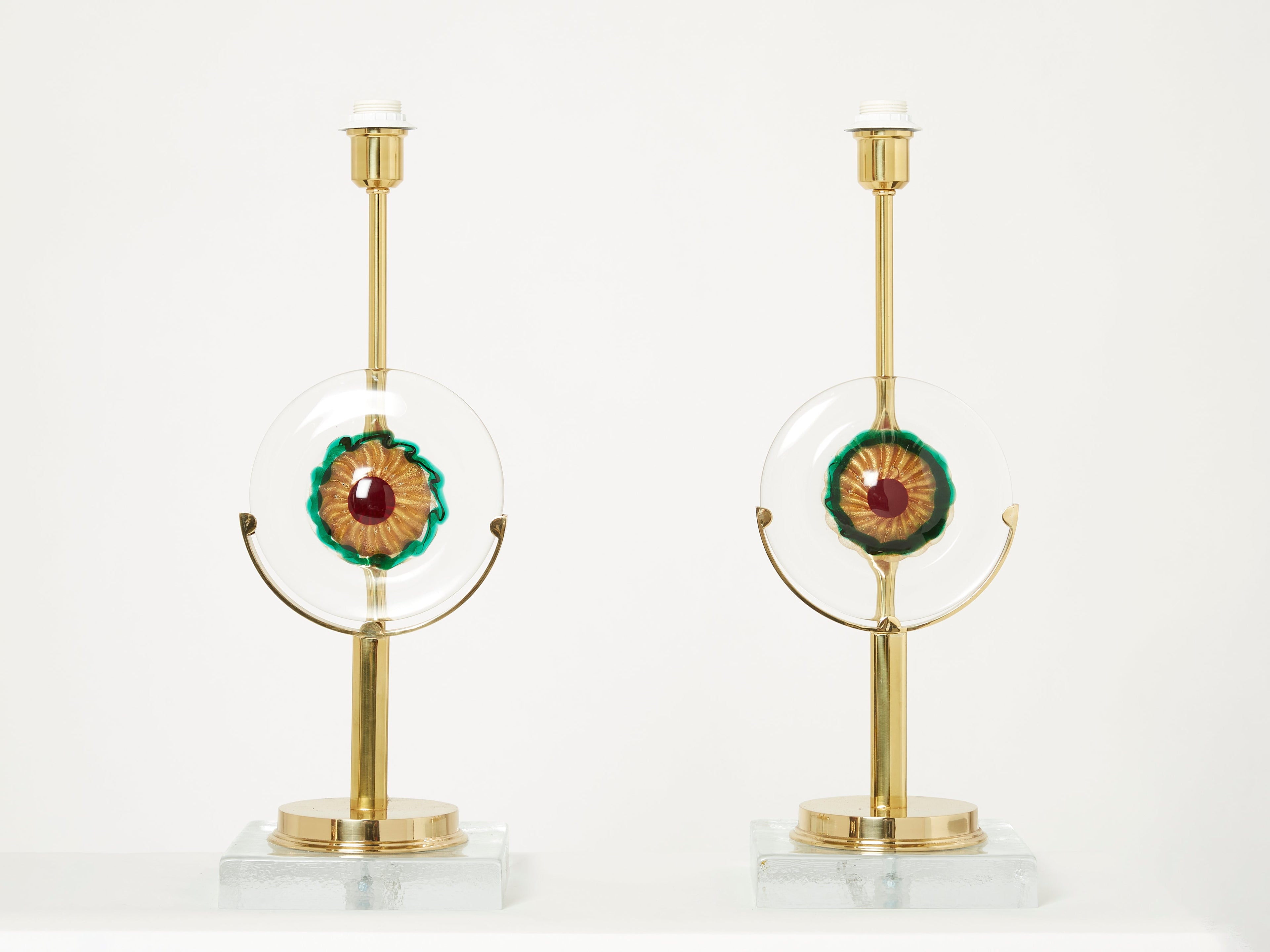 Pair of Italian murano glass brass rattan table lamps 1970s