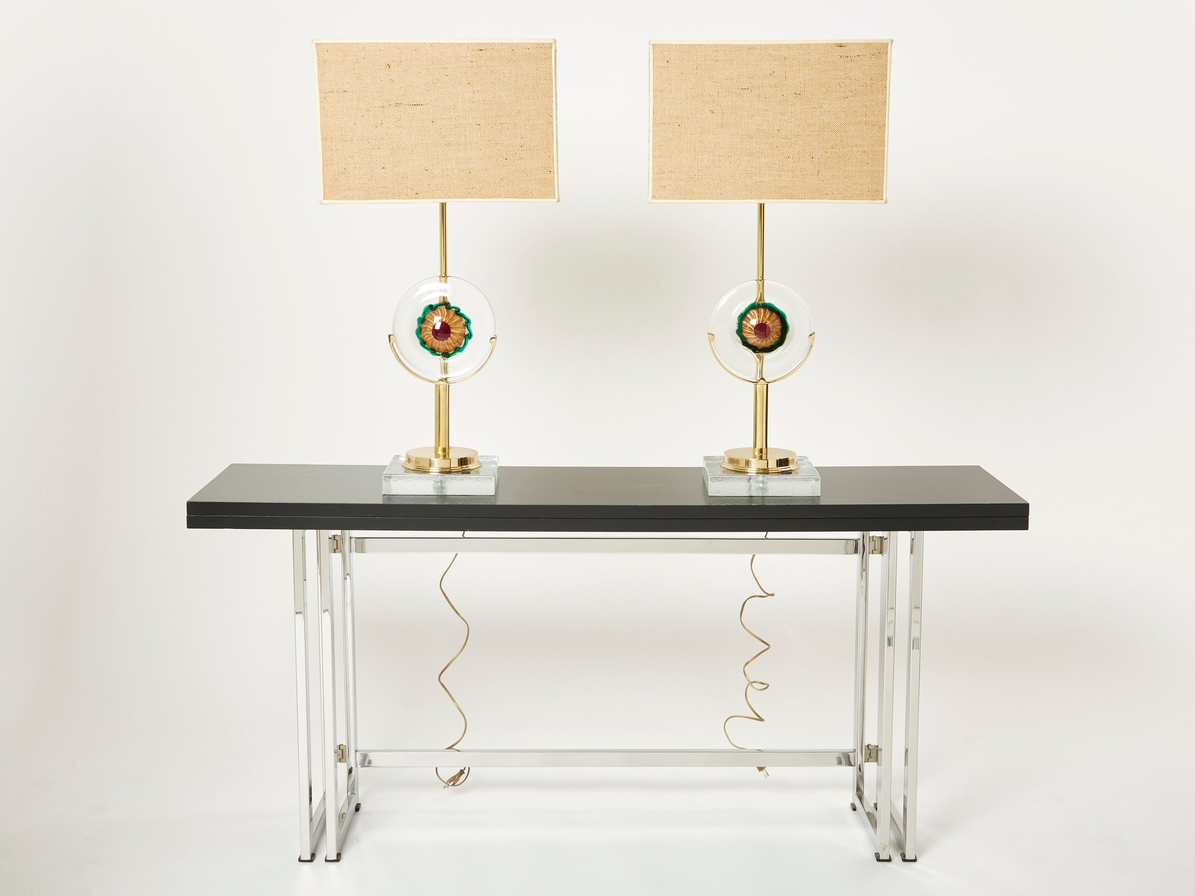 Pair of Italian murano glass brass rattan table lamps 1970s