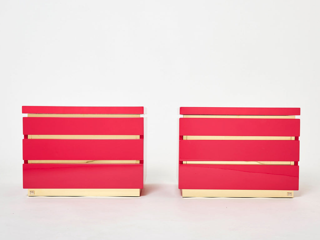 Pair of J.C. Mahey pink lacquered brass nightstands 1970s