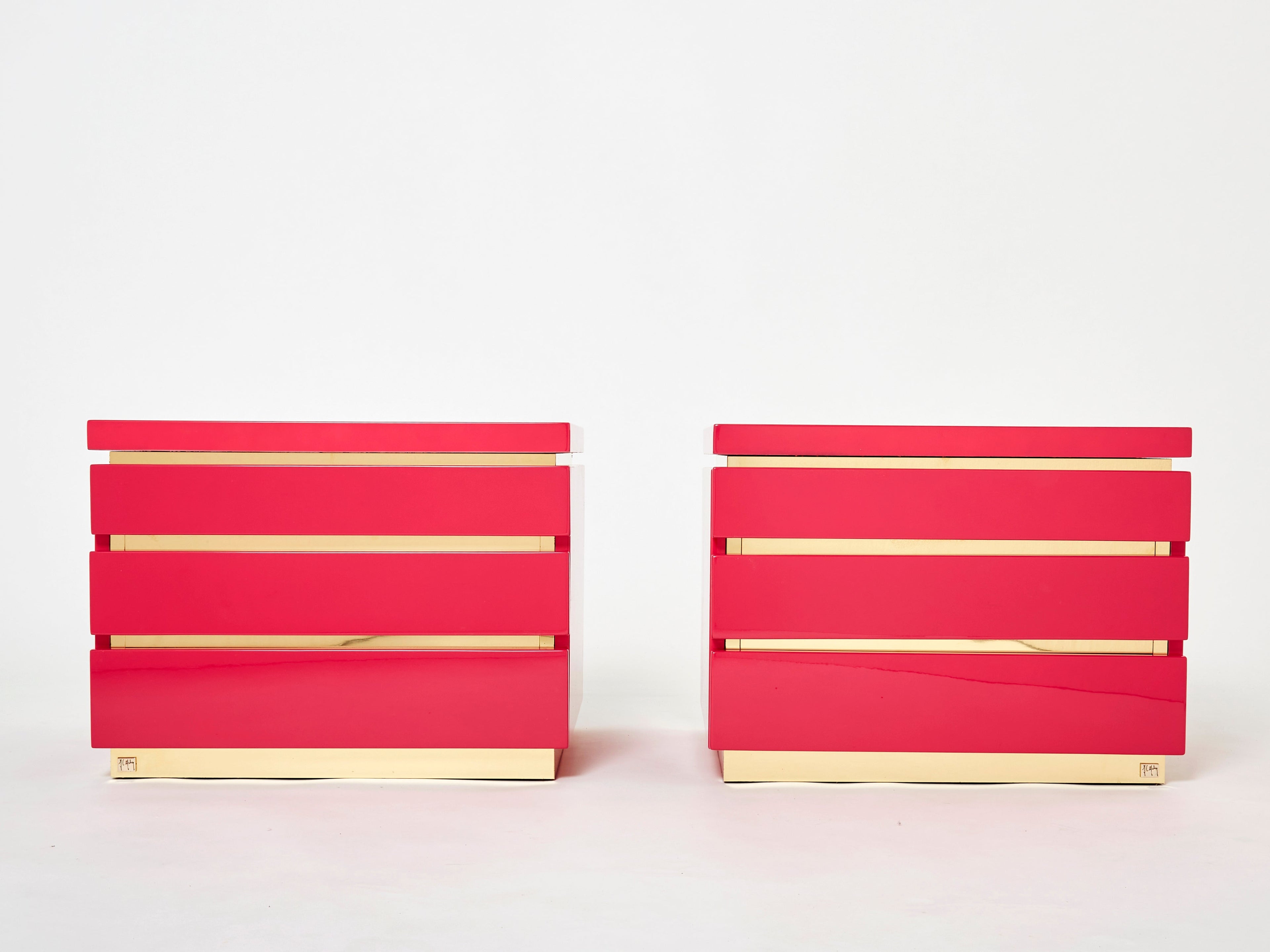 Pair of J.C. Mahey pink lacquered brass nightstands 1970s