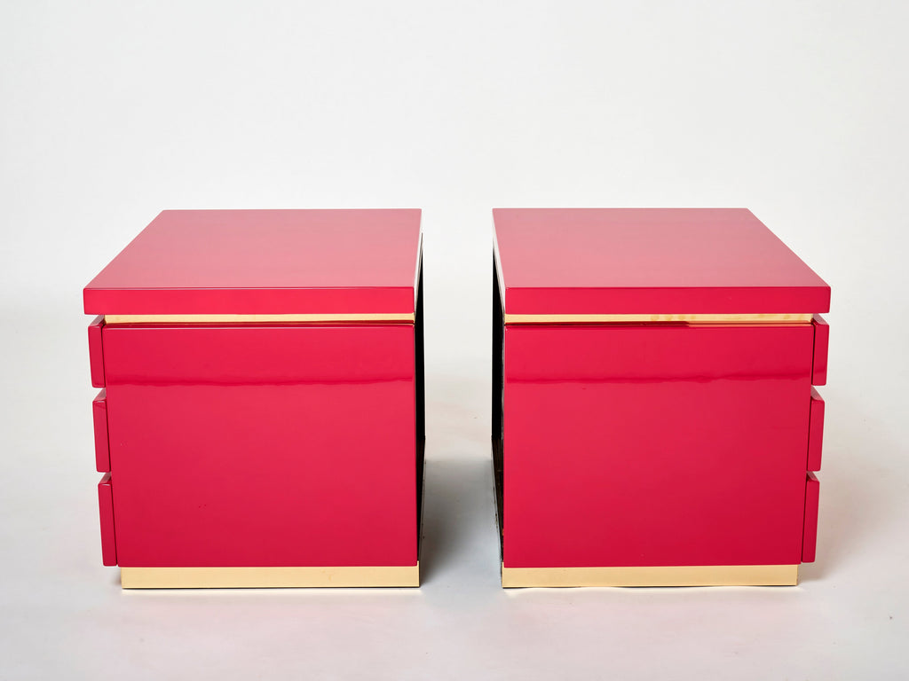 Pair of J.C. Mahey pink lacquered brass nightstands 1970s