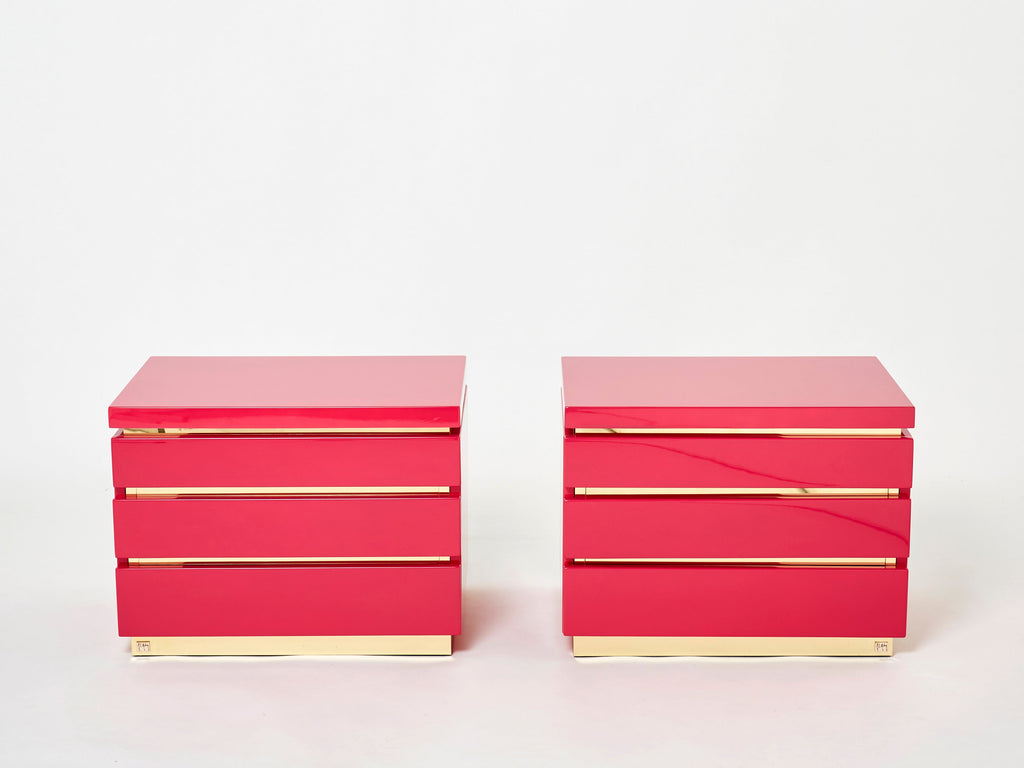 Pair of J.C. Mahey pink lacquered brass nightstands 1970s
