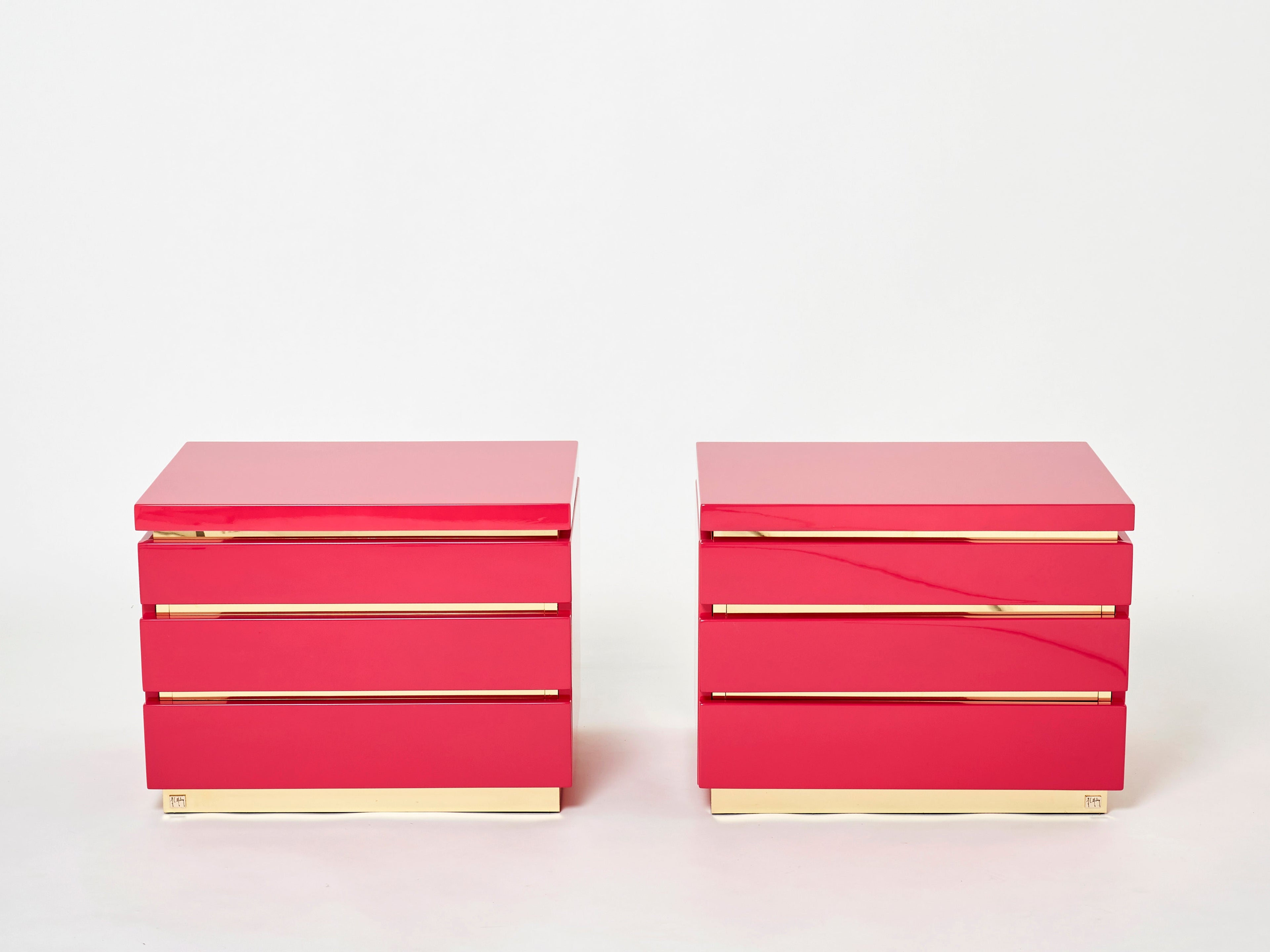 Pair of J.C. Mahey pink lacquered brass nightstands 1970s