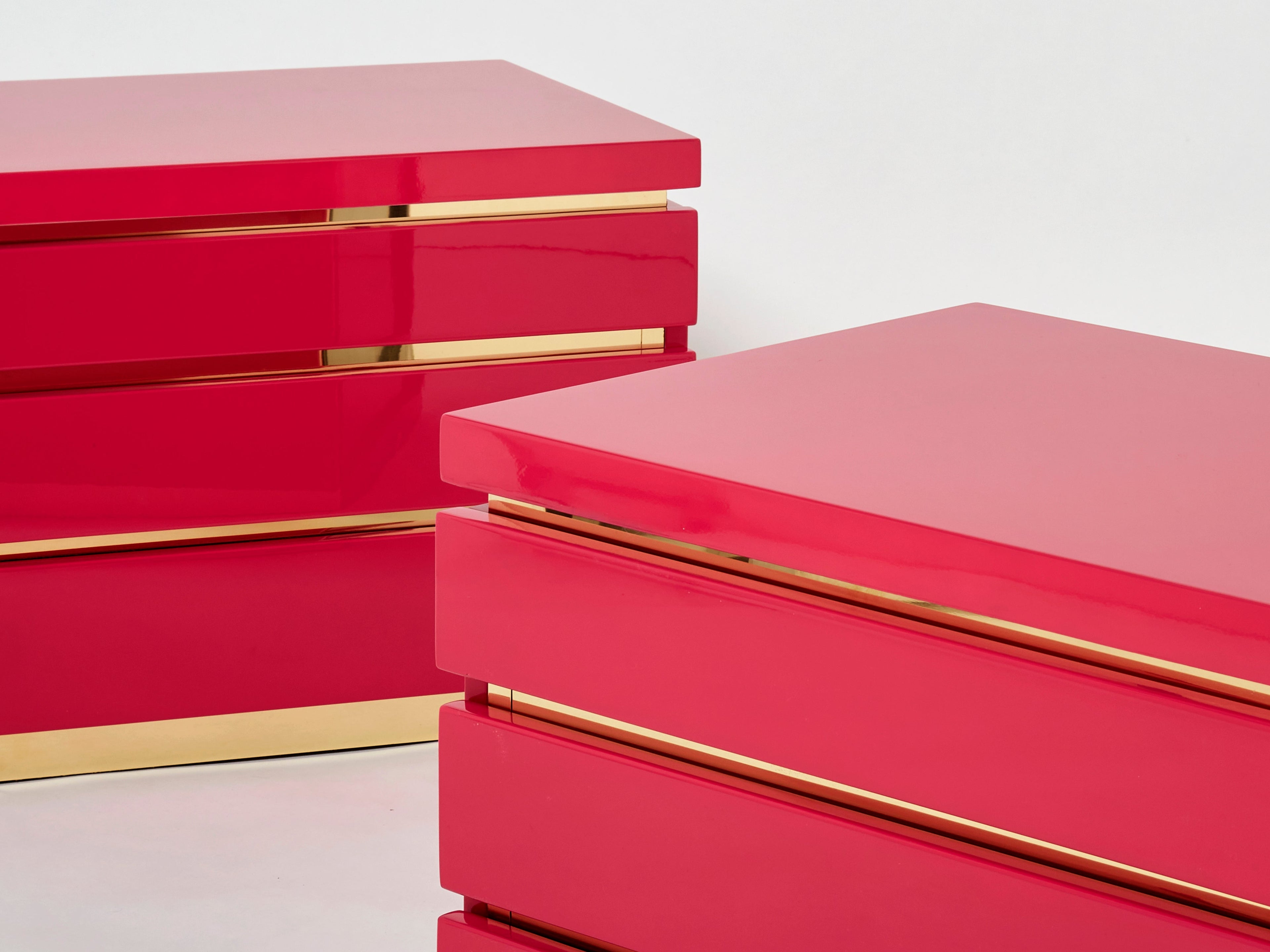 Pair of J.C. Mahey pink lacquered brass nightstands 1970s