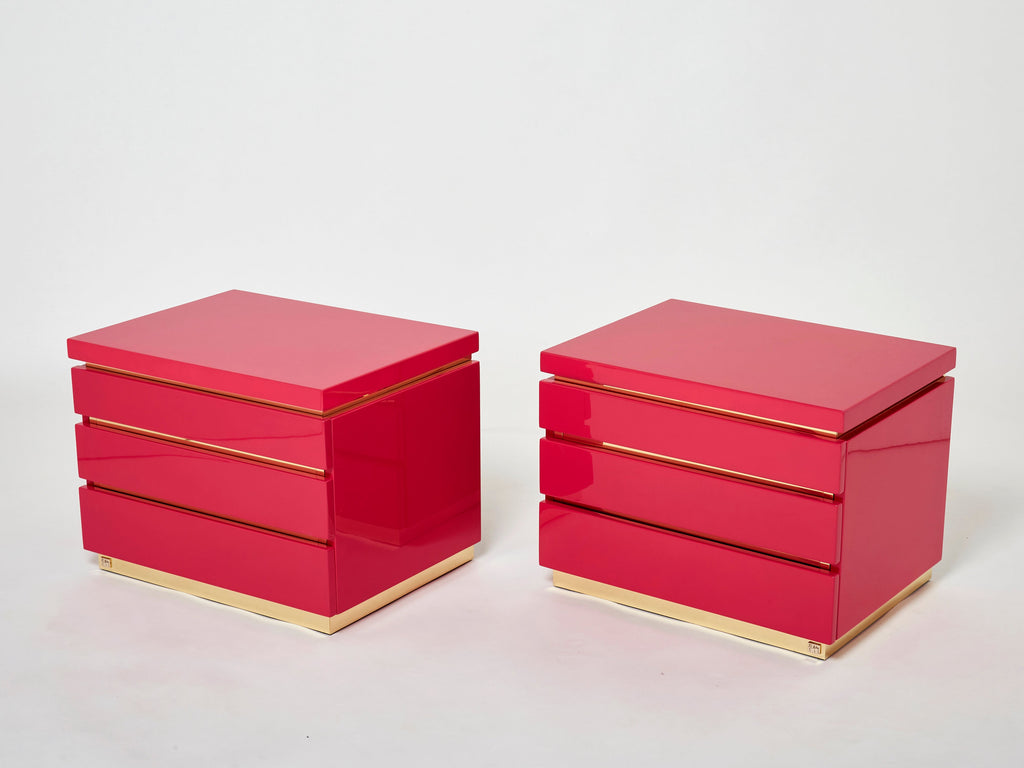 Pair of J.C. Mahey pink lacquered brass nightstands 1970s