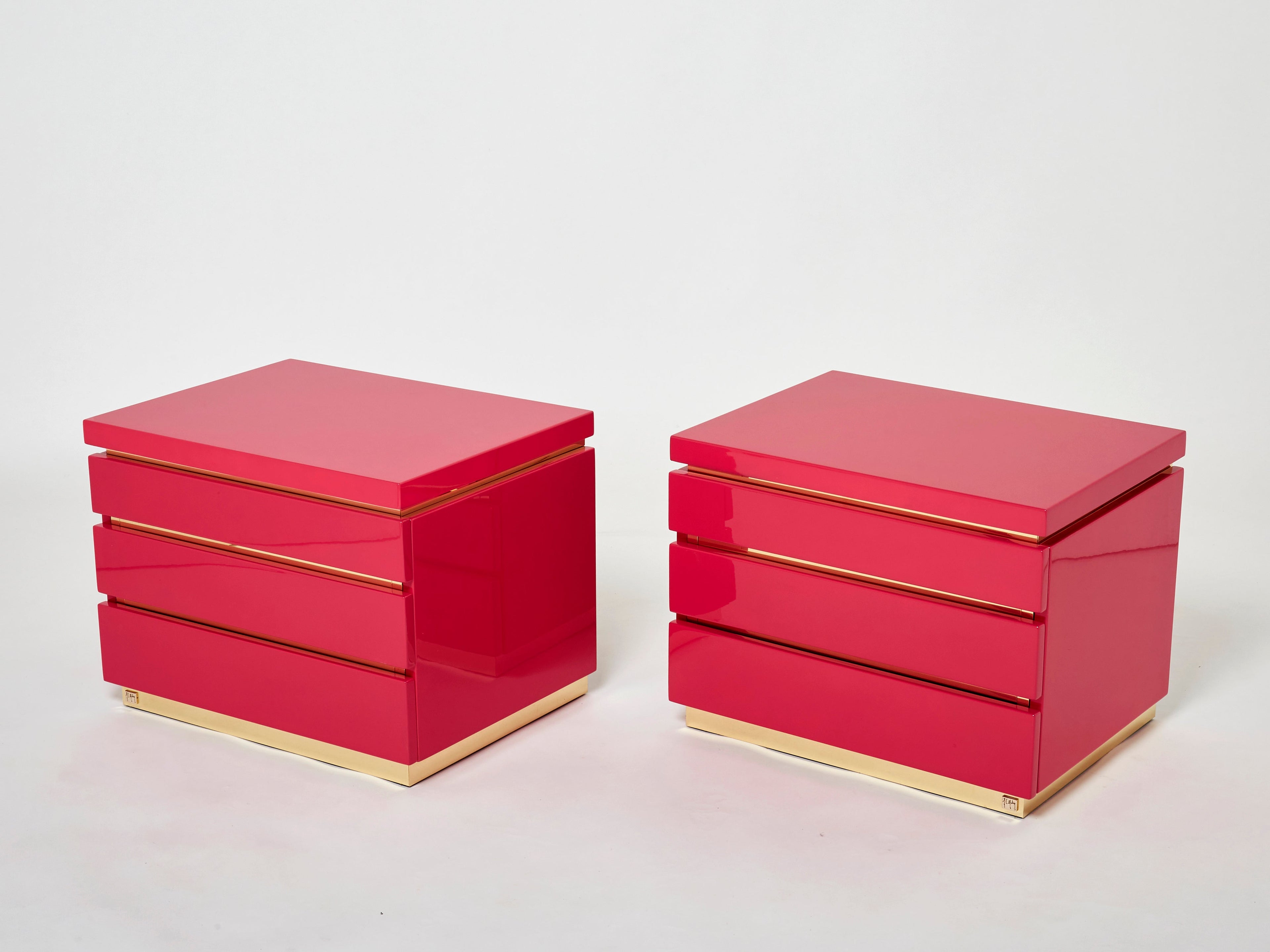 Pair of J.C. Mahey pink lacquered brass nightstands 1970s