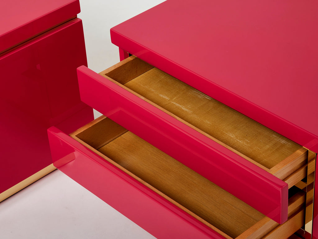 Pair of J.C. Mahey pink lacquered brass nightstands 1970s