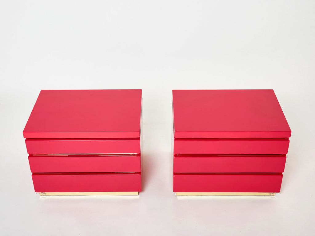 Pair of J.C. Mahey pink lacquered brass nightstands 1970s
