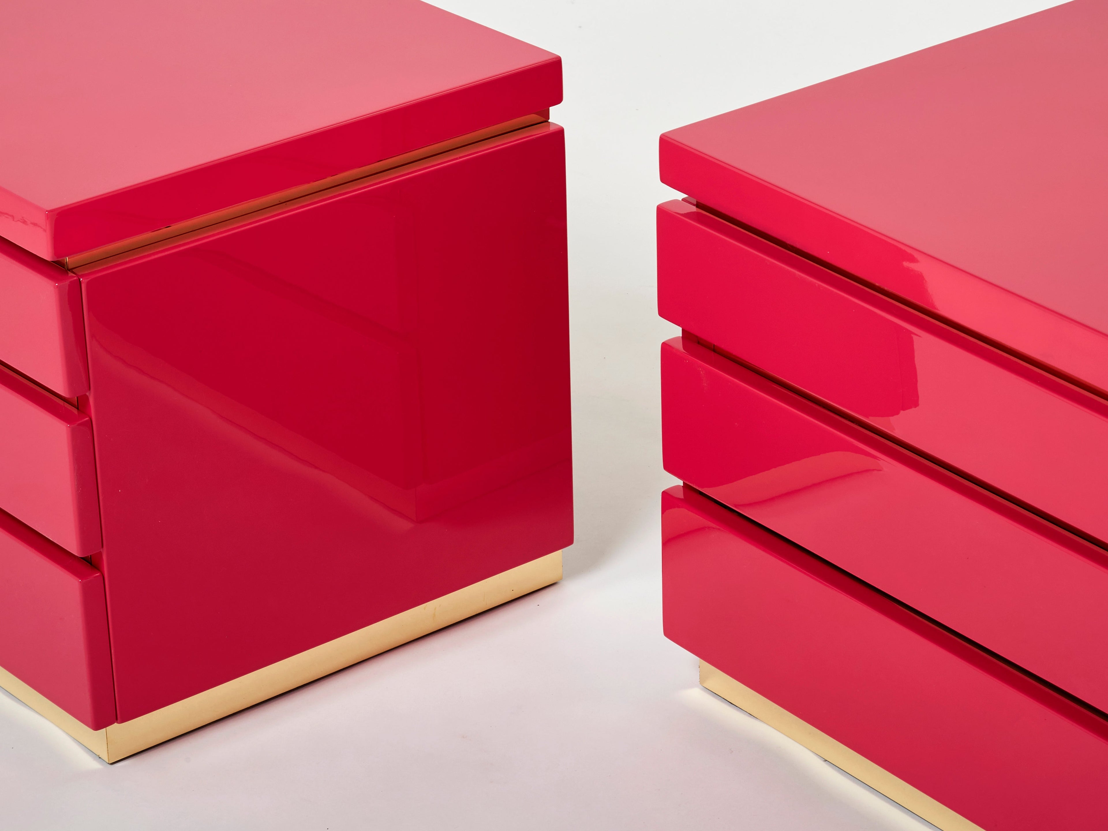 Pair of J.C. Mahey pink lacquered brass nightstands 1970s