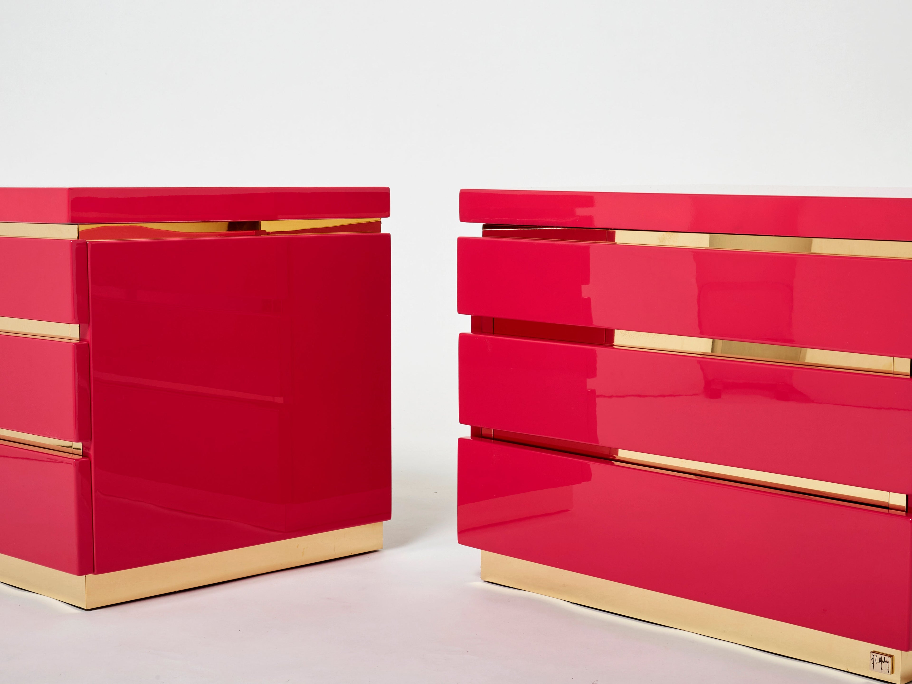 Pair of J.C. Mahey pink lacquered brass nightstands 1970s