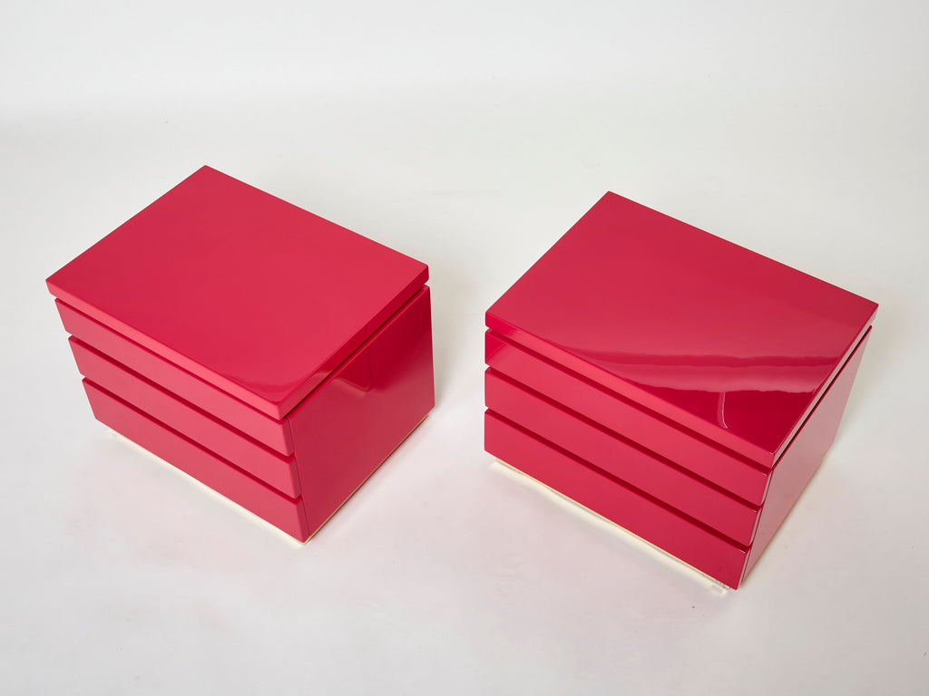 Pair of J.C. Mahey pink lacquered brass nightstands 1970s