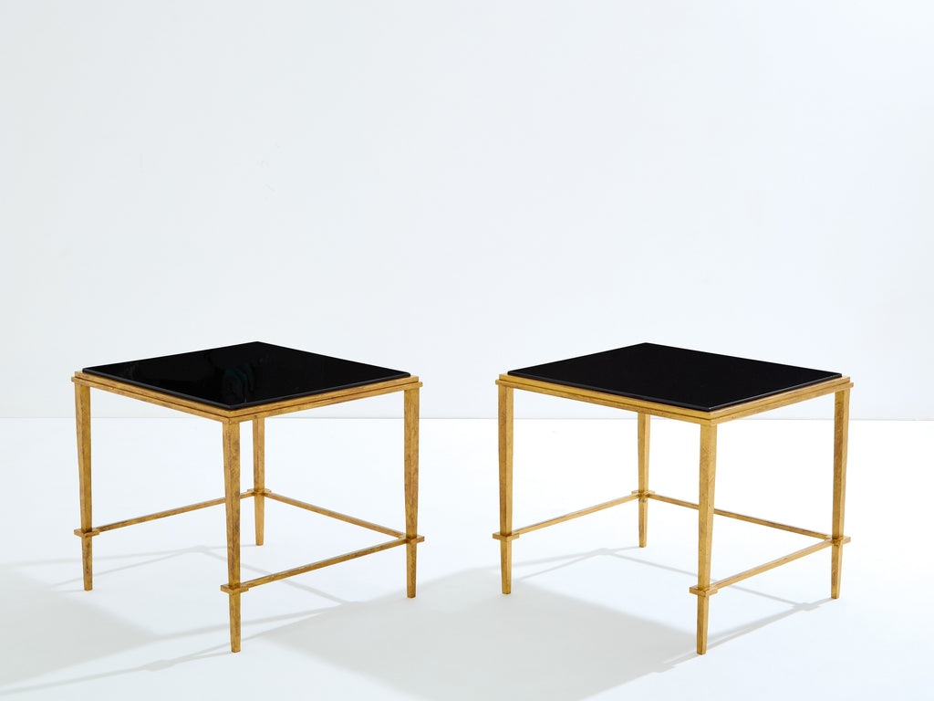 Pair of French Maison Ramsay end tables gilded iron black lacquer 1950