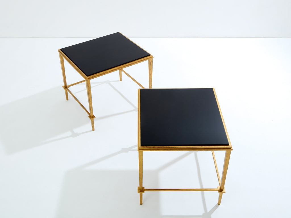 Pair of French Maison Ramsay end tables gilded iron black lacquer 1950