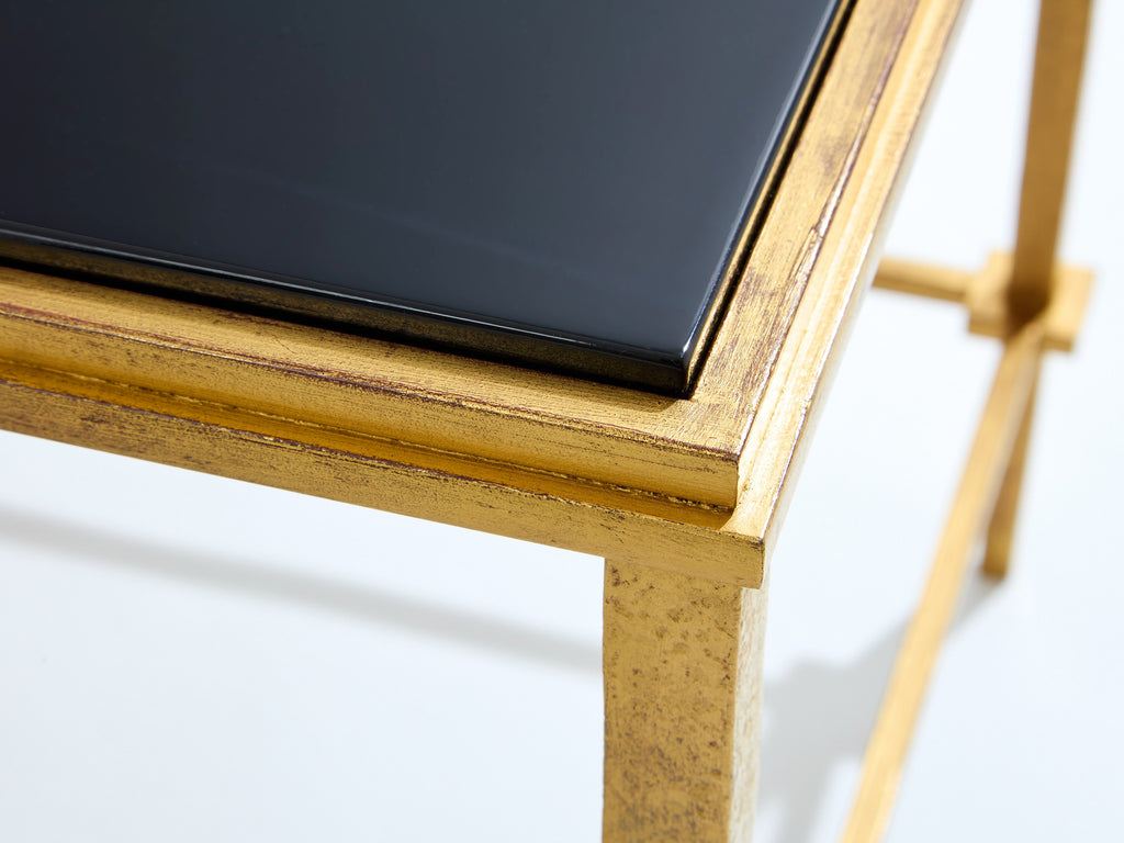 Pair of French Maison Ramsay end tables gilded iron black lacquer 1950