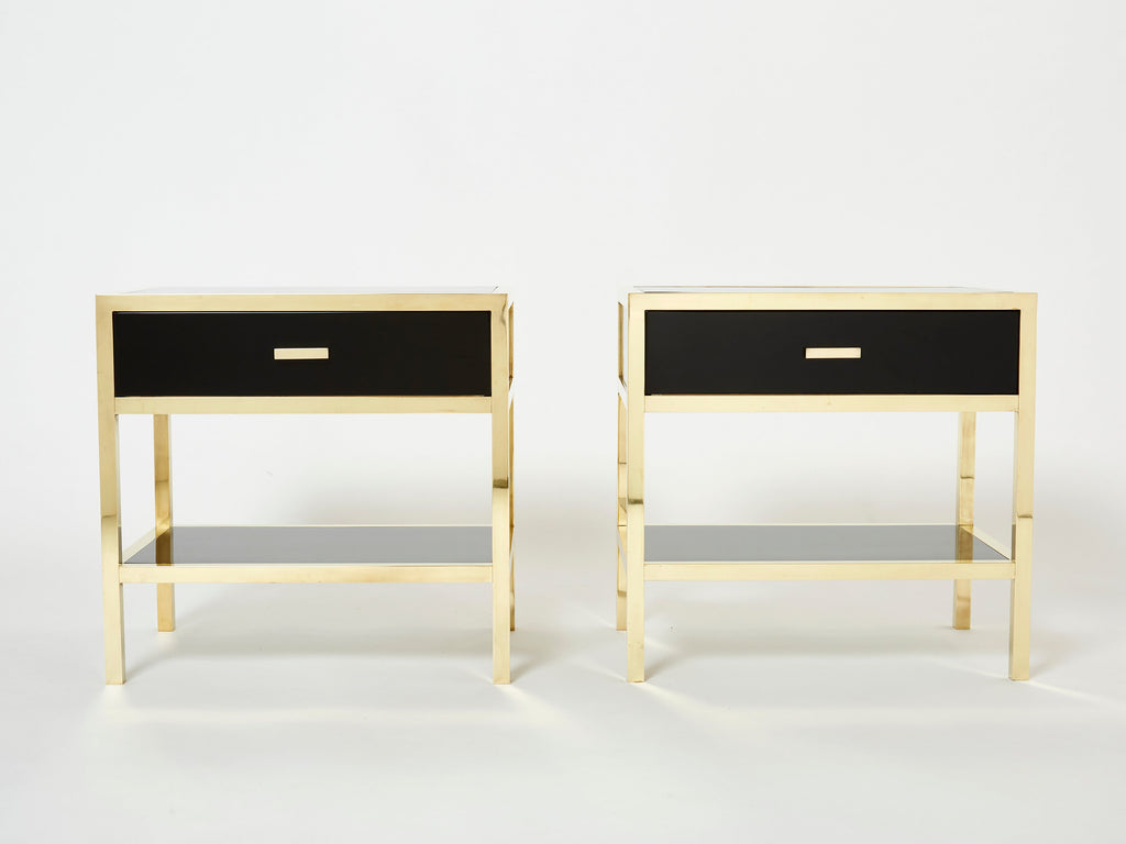 Pair of Michel Pigneres black lacquered brass nightstands tables 1970s