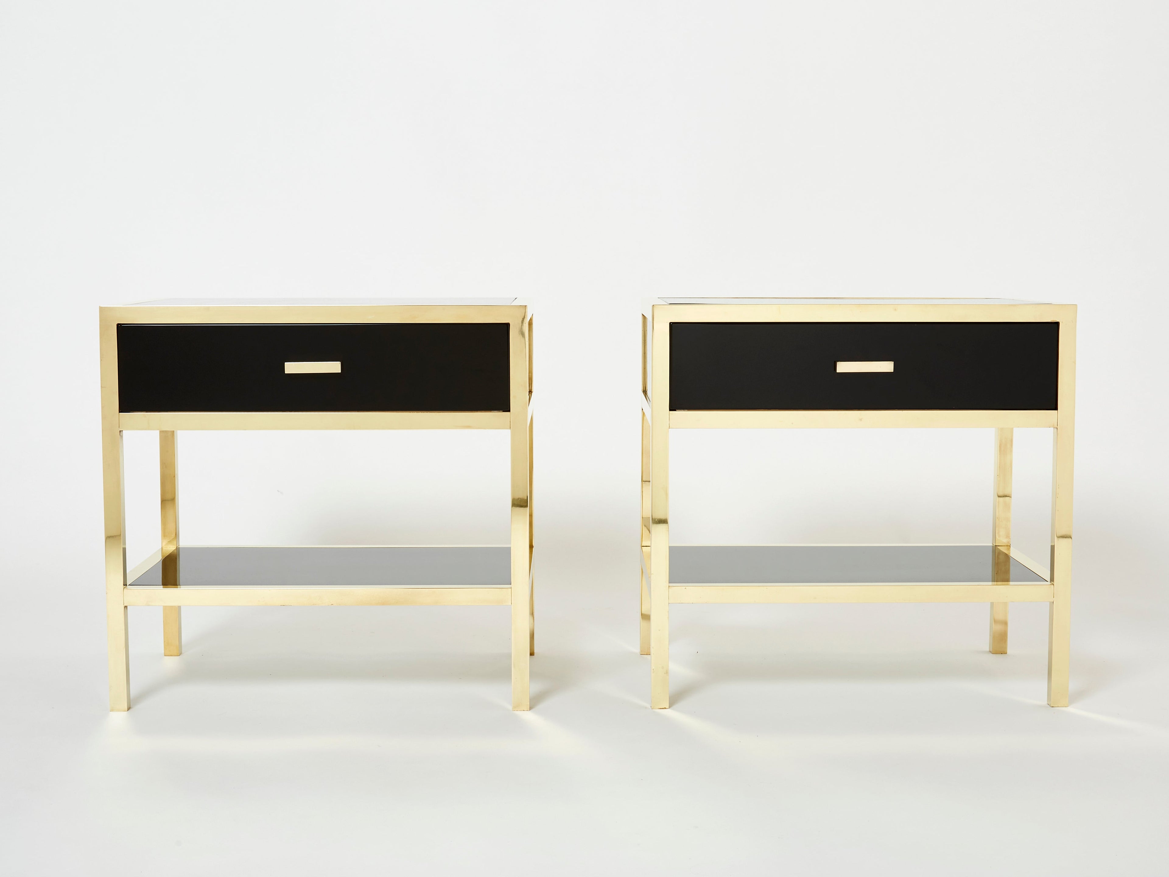 Pair of Michel Pigneres black lacquered brass nightstands tables 1970s