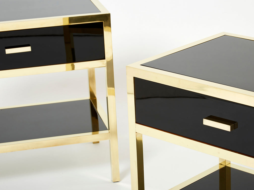 Pair of Michel Pigneres black lacquered brass nightstands tables 1970s