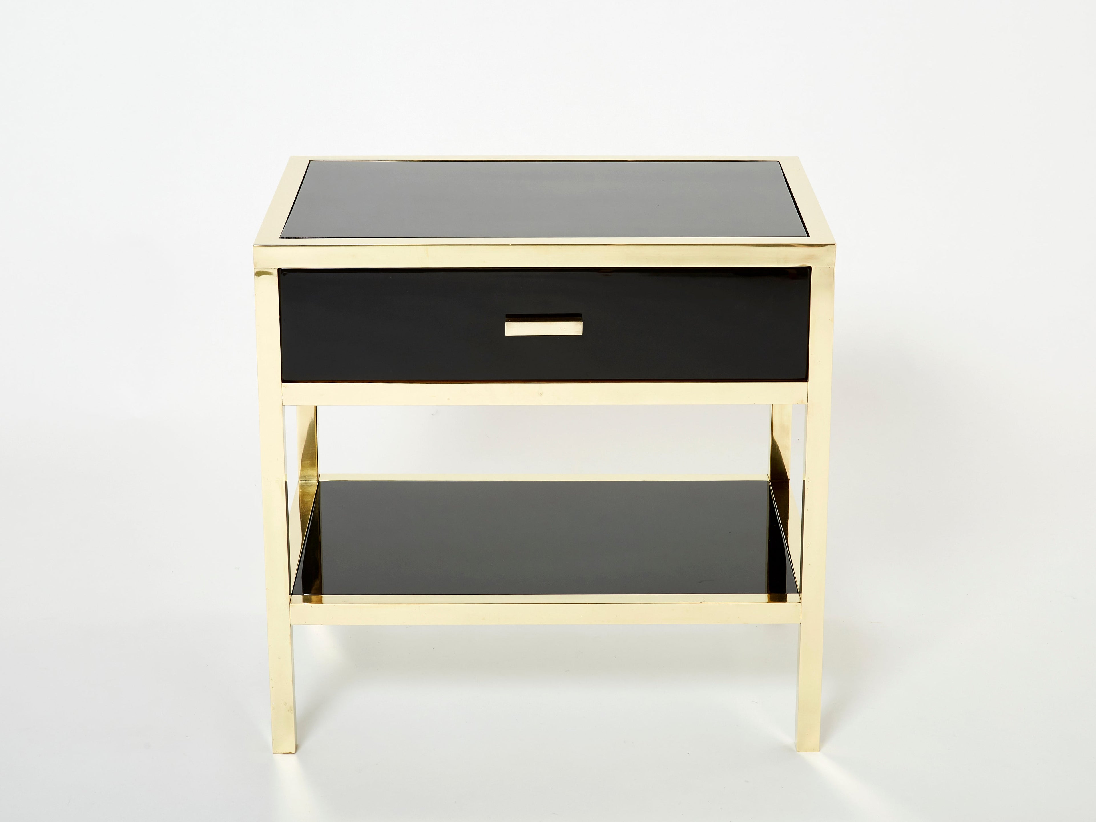Pair of Michel Pigneres black lacquered brass nightstands tables 1970s