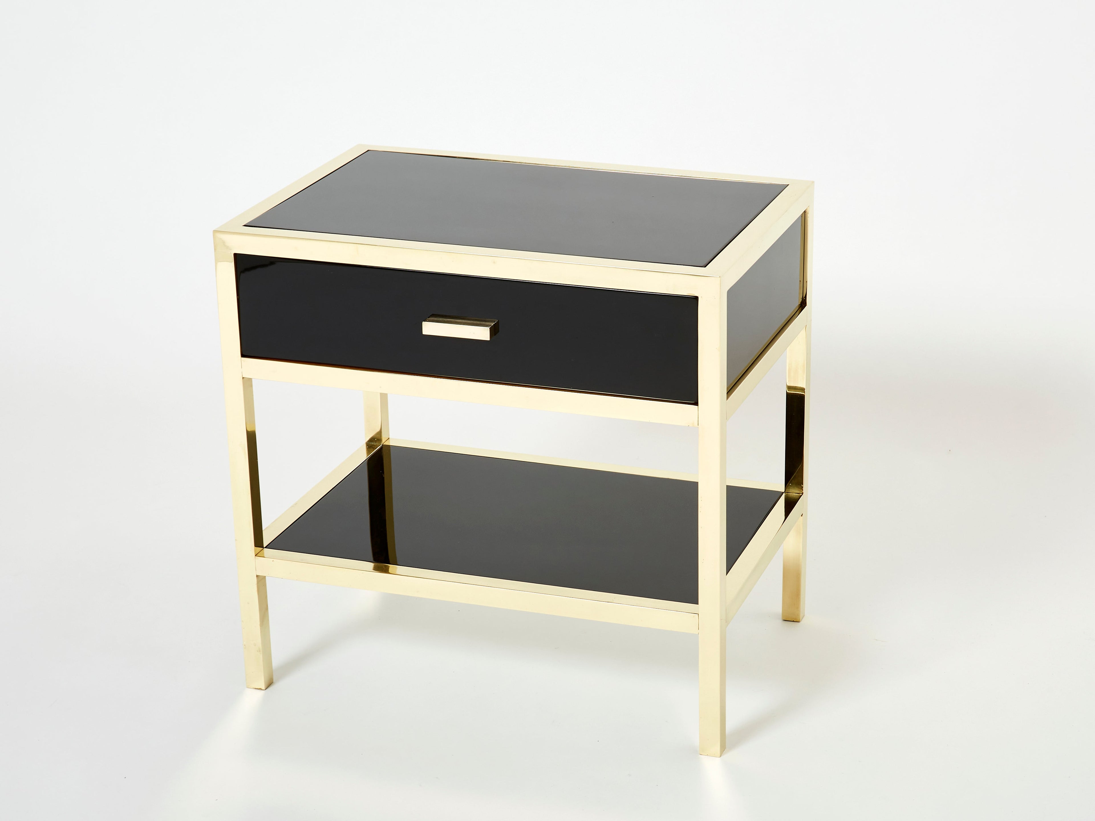 Pair of Michel Pigneres black lacquered brass nightstands tables 1970s