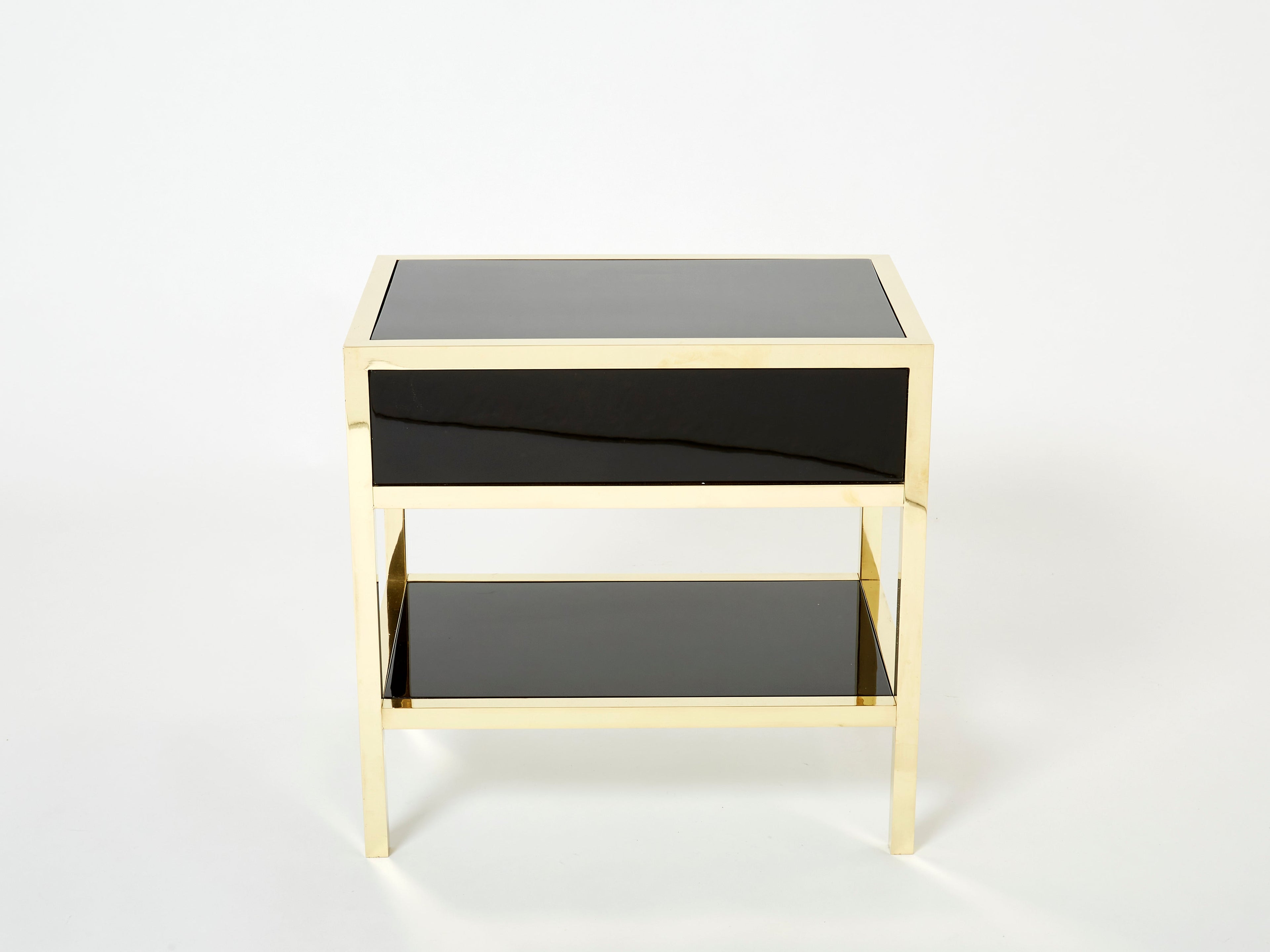 Pair of Michel Pigneres black lacquered brass nightstands tables 1970s