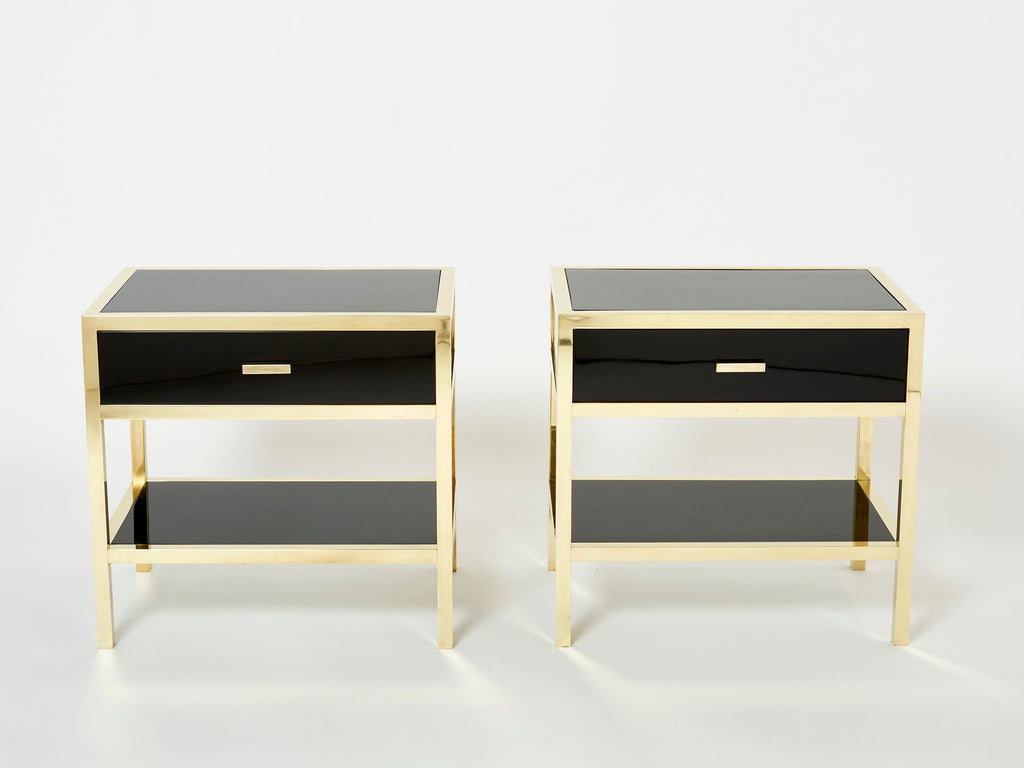 Pair of Michel Pigneres black lacquered brass nightstands tables 1970s