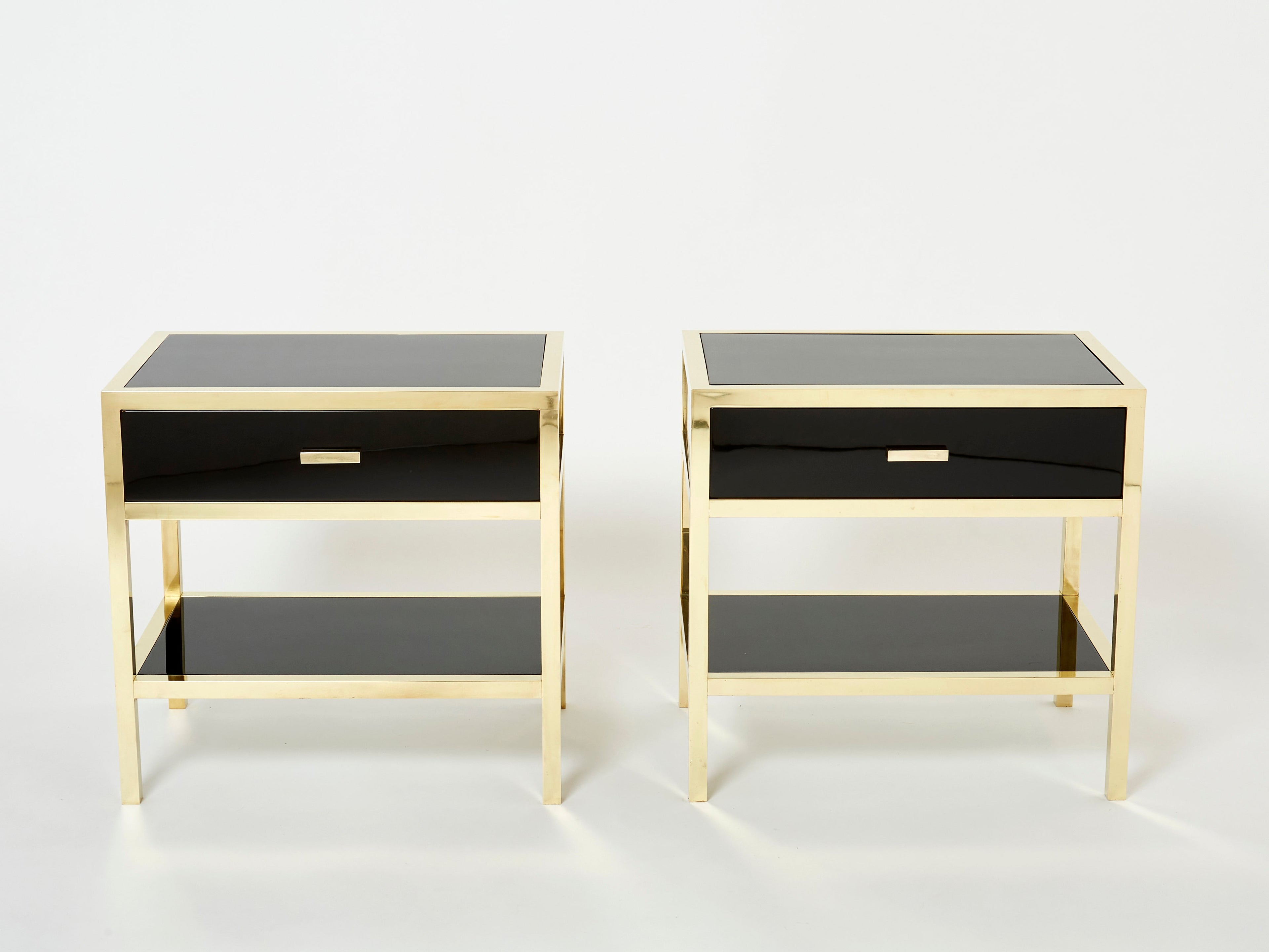 Pair of Michel Pigneres black lacquered brass nightstands tables 1970s