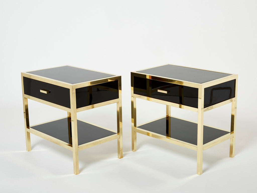 Pair of Michel Pigneres black lacquered brass nightstands tables 1970s