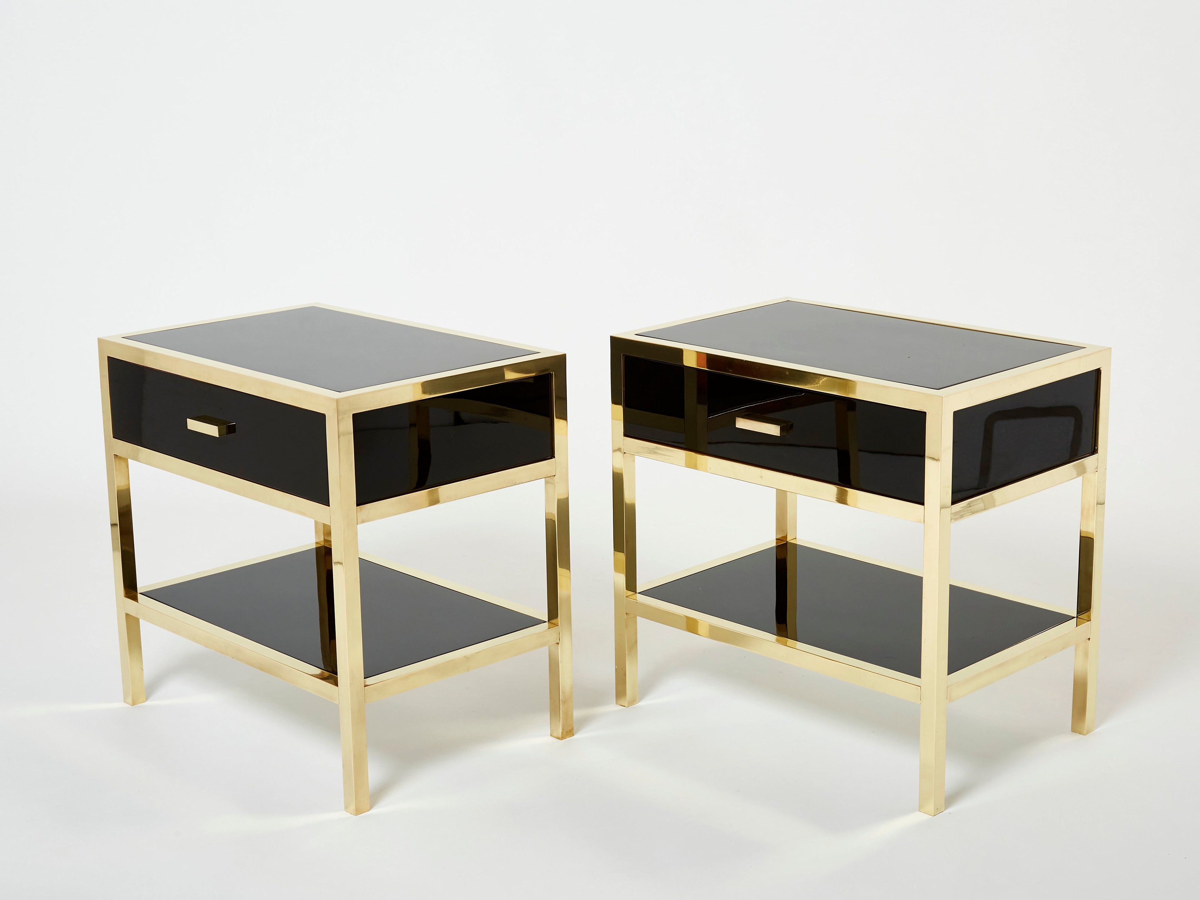 Pair of Michel Pigneres black lacquered brass nightstands tables 1970s