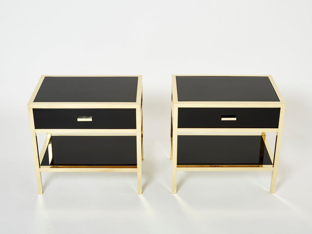 Pair of Michel Pigneres black lacquered brass nightstands tables 1970s