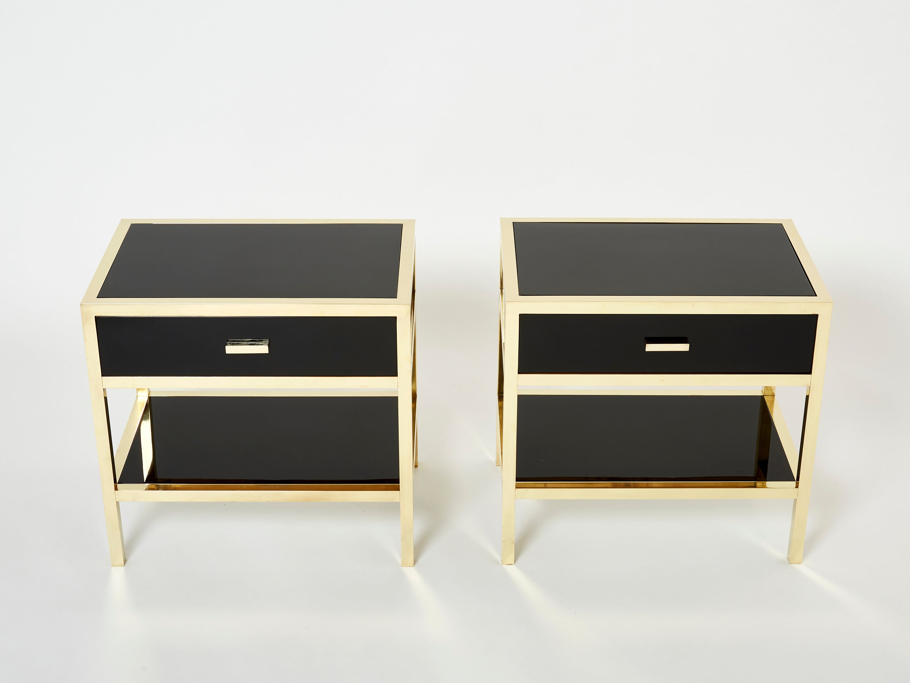 Pair of Michel Pigneres black lacquered brass nightstands tables 1970s