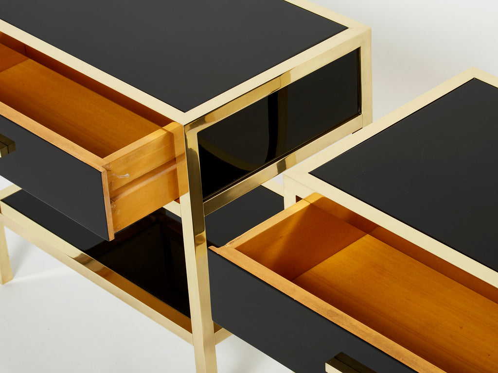 Pair of Michel Pigneres black lacquered brass nightstands tables 1970s