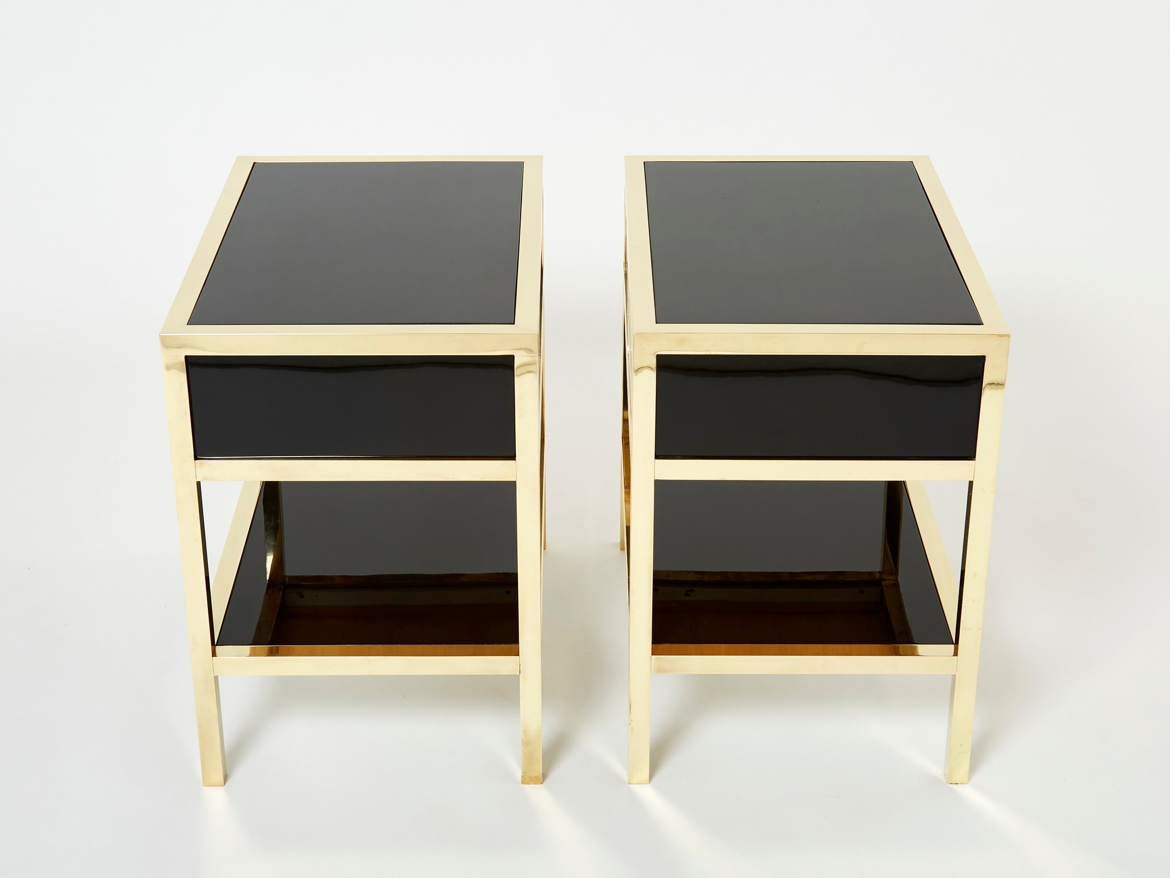 Pair of Michel Pigneres black lacquered brass nightstands tables 1970s
