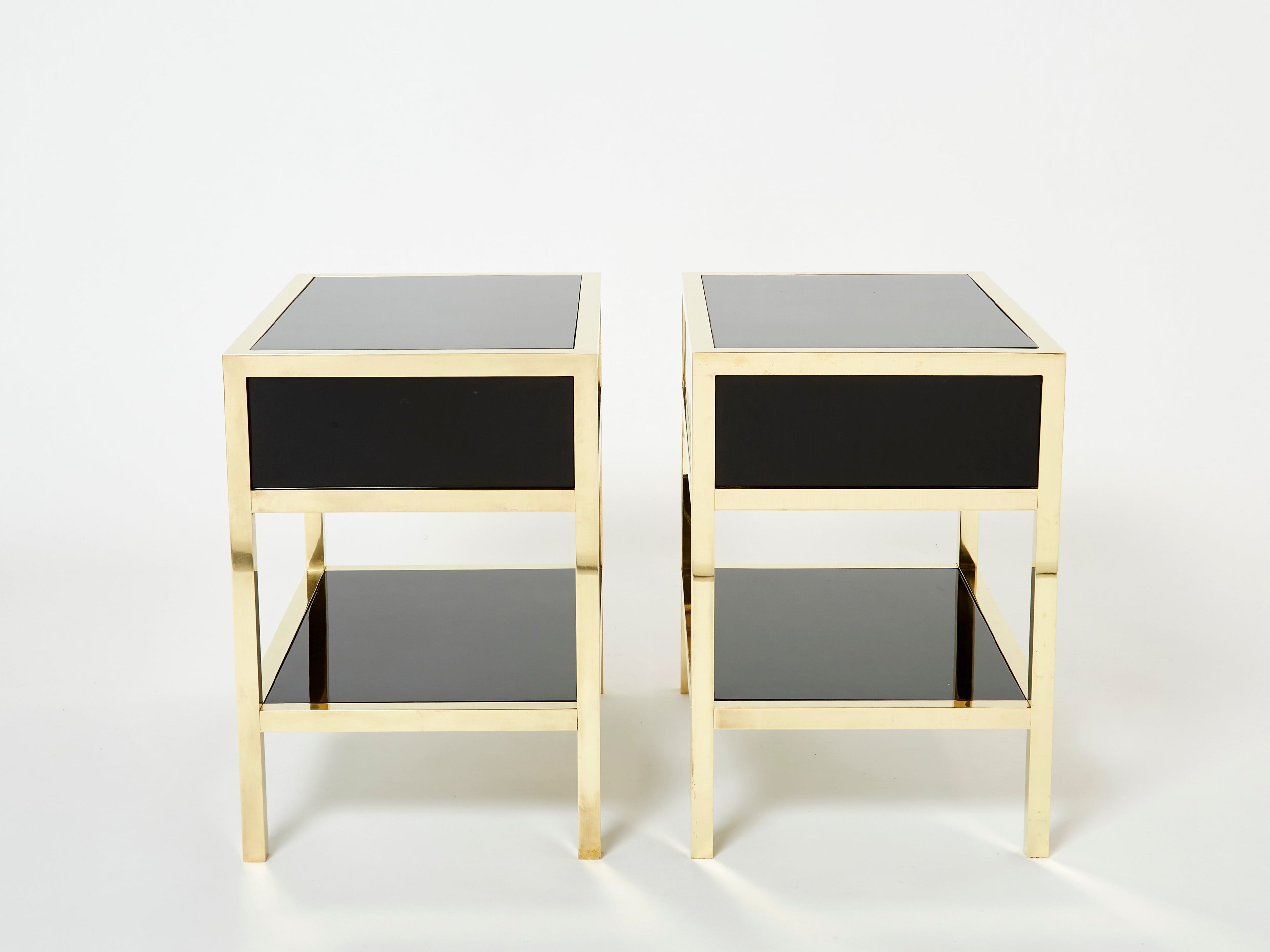 Pair of Michel Pigneres black lacquered brass nightstands tables 1970s